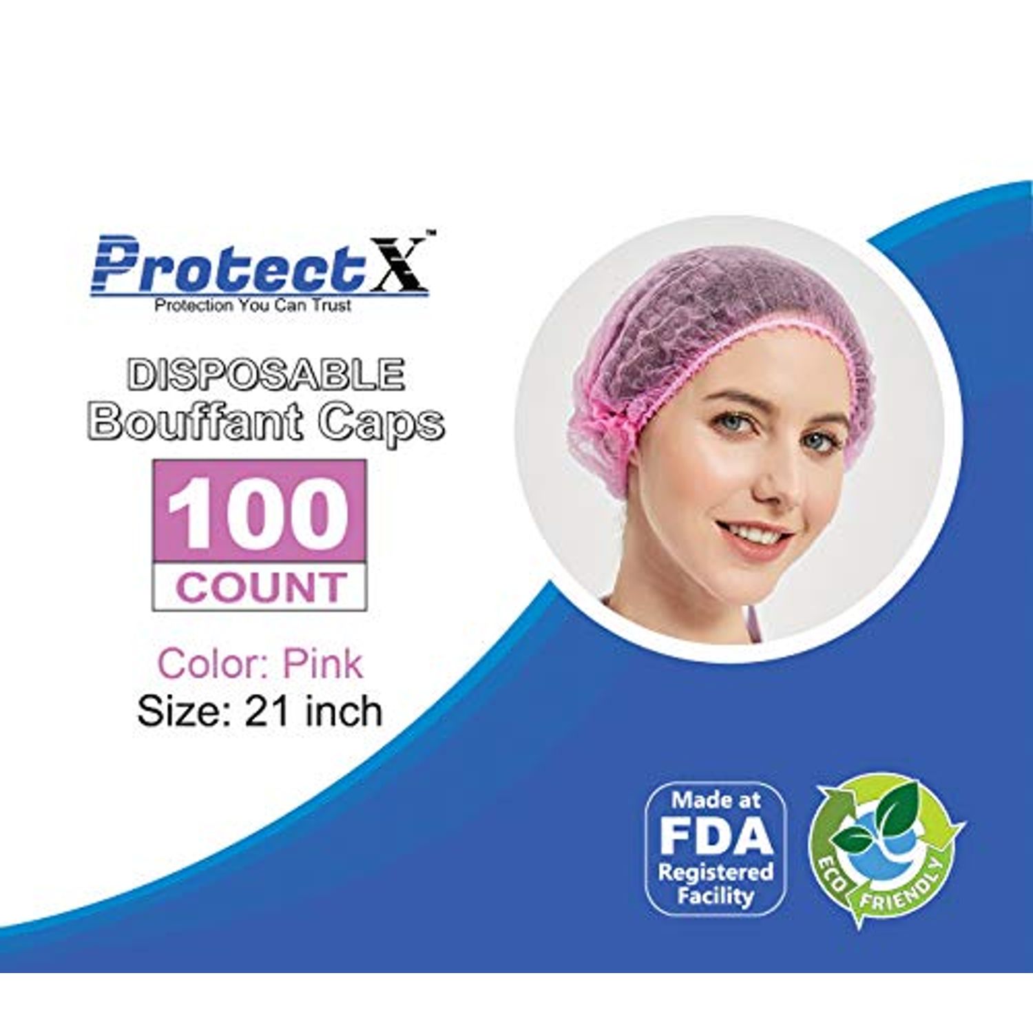 ProtectX Disposable Bouffant (Hair Net) Caps Hair Head Cover Nets 21” (Pink 100 pack)