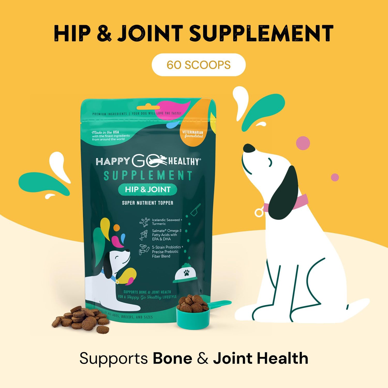 Happy Go Healthy Hip & Joint Supplements for Dogs | Helps Joint Health & Mobility Support for Recovering and Senior Dogs | Natural Ingredients, Tasty Kibble Dog Food Topper | 60-Count Pack