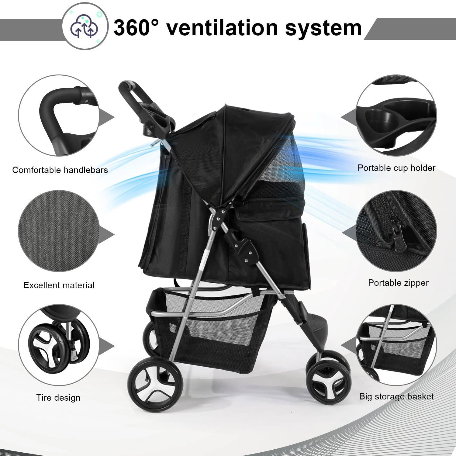 Pet Stroller 3 Wheels Multifunction Dog Cat Stroller w/Storage Basket&Cup Holder