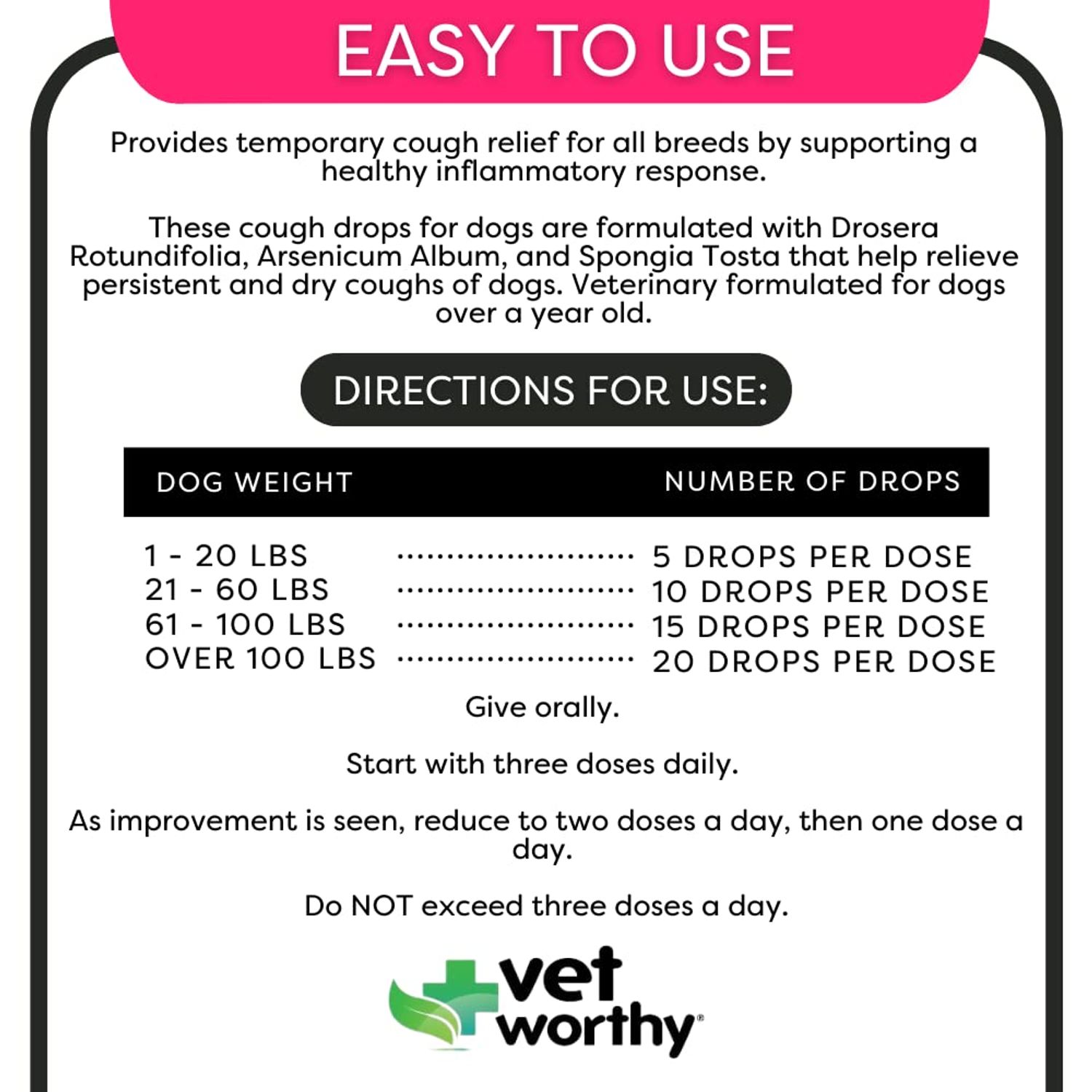 Vet Worthy Kennel Cough Drops for Dogs - Dog Supplement for Dry Kennel Cough Relief - Dog Cough Remedy with Drosera Rotundifolia, Arsenicum Album, Spongia Tosta - 0.5oz