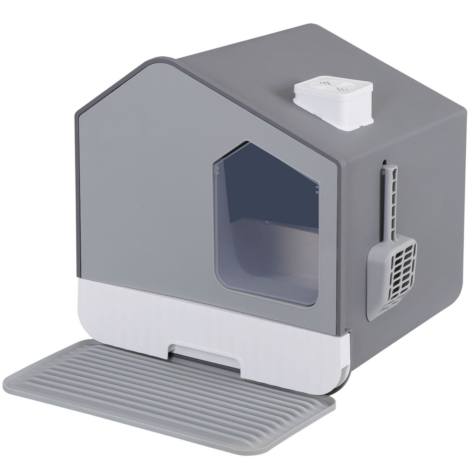 Extra Large Enclosed Cat Litter Box with Mat & Scoop Covered Hooded Cat Box Gray