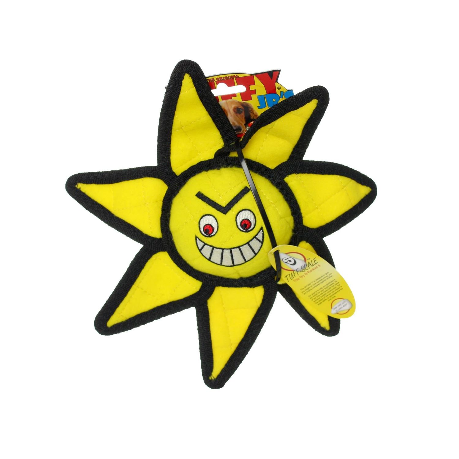 TUFFY - World's Tuffest Soft Dog Toy - Alien Ball Junior Yellow Sun- Squeakers-Multiple Layers. Made Durable, Strong & Tough. Interactive Play (Tug, Toss & Fetch). Machine Washable & Floats