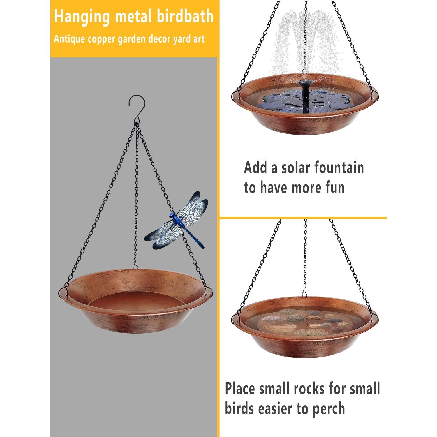 Keygift Hanging Bird Bath for Outdoor, Antique Copper Metal Bird Feeder Birdbath Bowl with 17” Rust-Proof Black Chains for Garden Backyard Decor