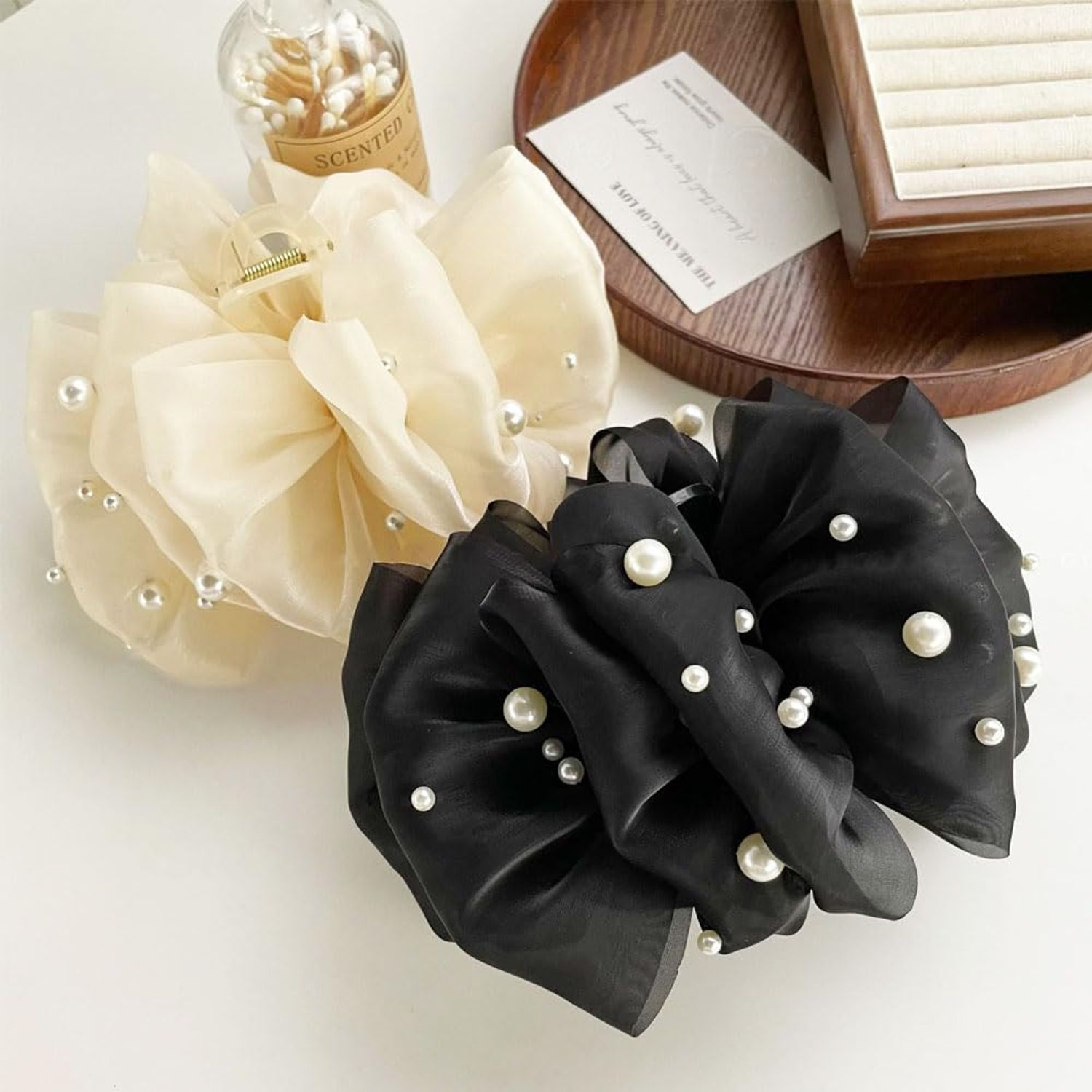 2 PCS Chiffon Silk Hair Claw Clips Large Pearl Hair Claw Clips Bows Hair Clips Barrtette Hair Accessories for Women Girls