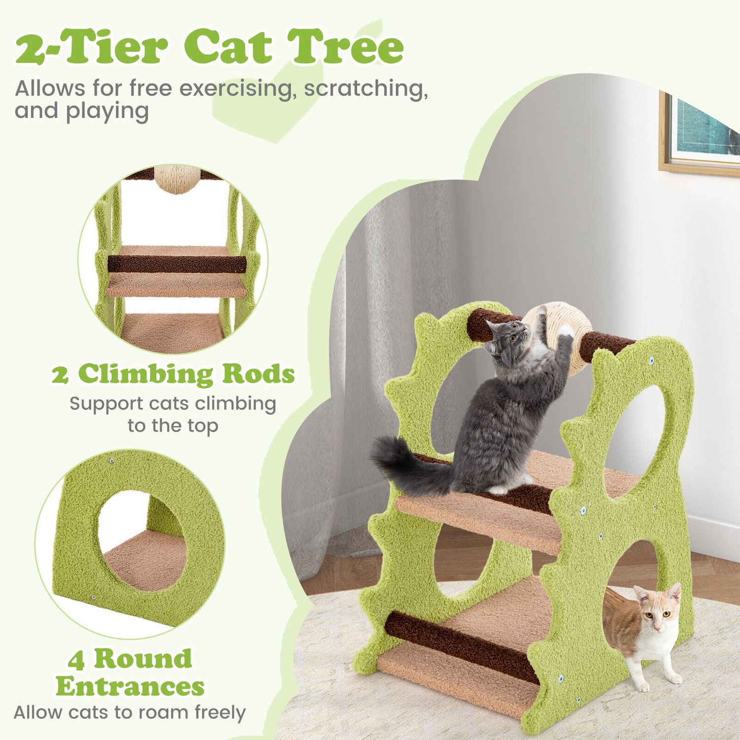 2-Tier Dinosaur Cat Tree Tower w/ Rotating Scratching Sisal Ball Climbing Rods
