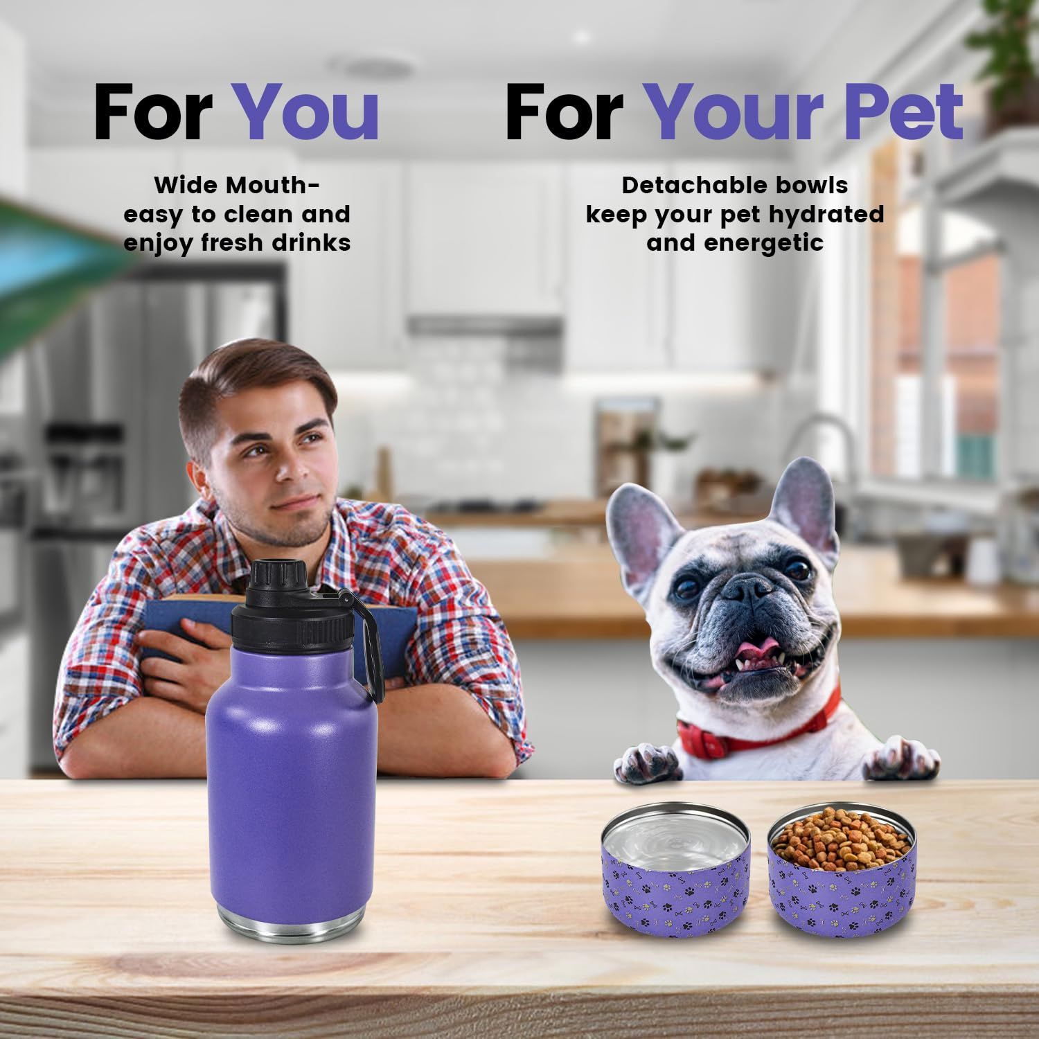 AGH Dog Water Bottle, 32oz Portable Dog Water Bottle with Detachable Bowl Food Feeding, Double Wall Vacuum Flask Stainless Steel Dog Travel Water Bottle for Walking and Hiking, Purple