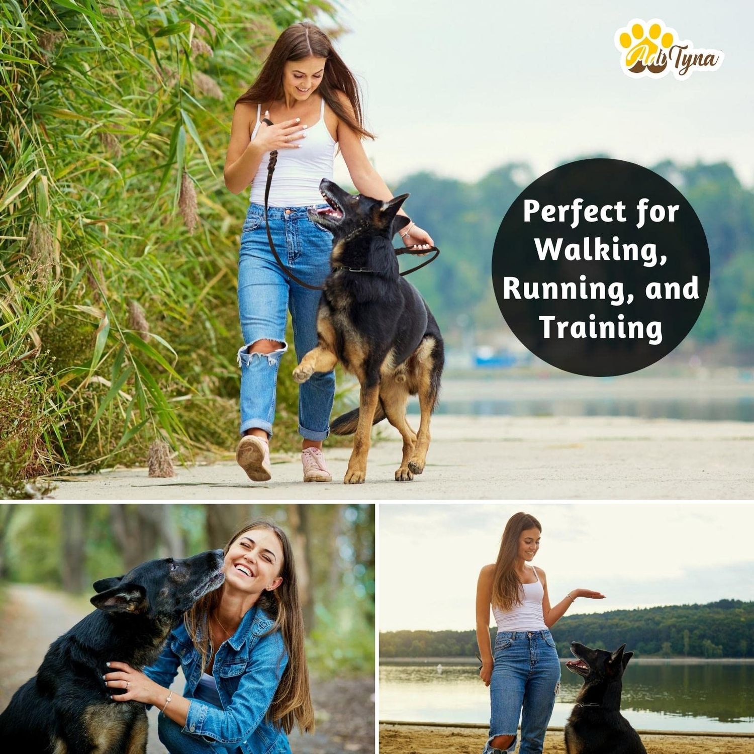 ADITYNA - Double Handle Leather Dog Leash 6ft - Heavy Duty Braided Dog Leash with Traffic Handle - Dog Lead for Training and Walking Medium Dogs (Two Handles 6 Foot x 3/4", Black)