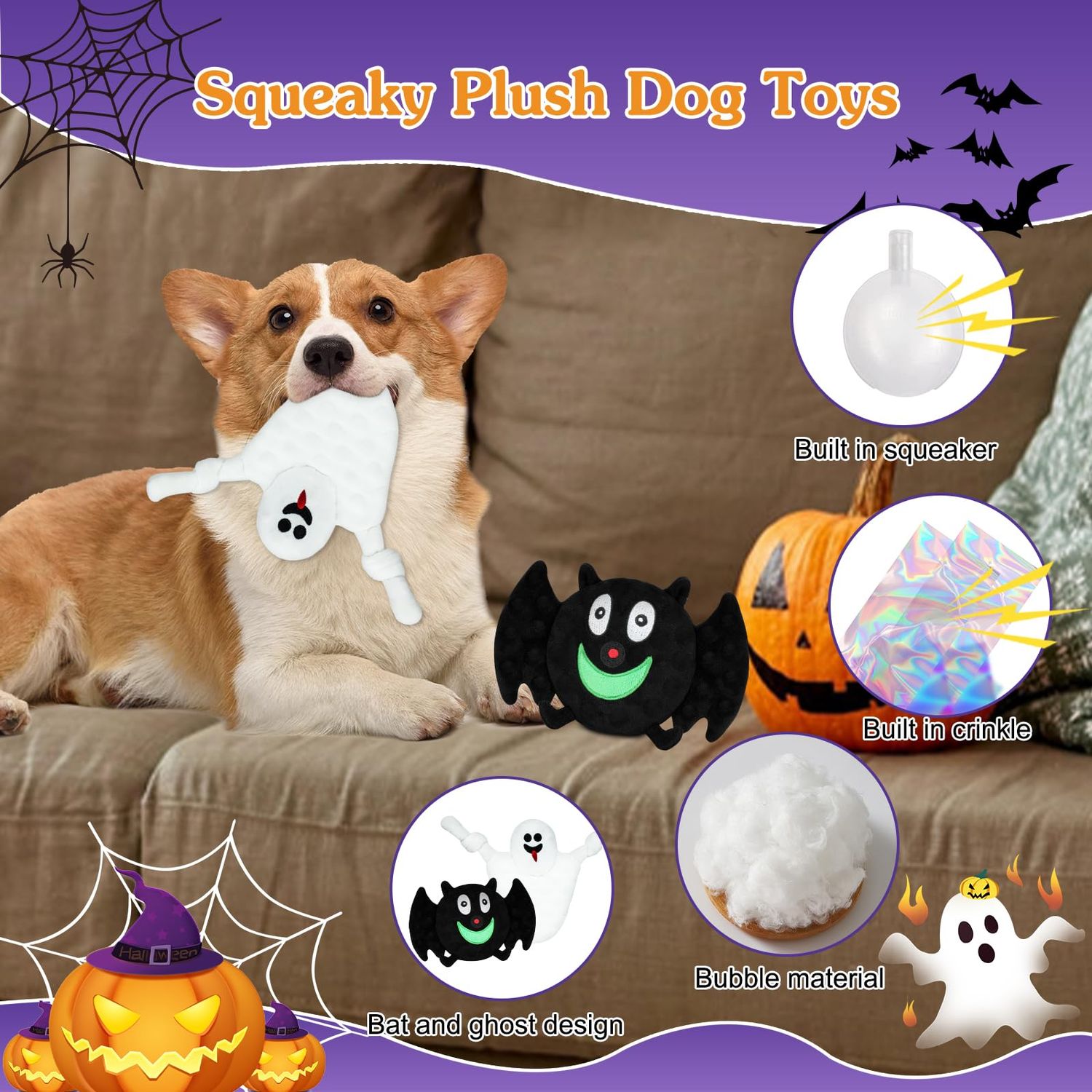 YUEPET 2 Packs Halloween Squeaky Dog Chew Toys, Funny Bat Ghost Plush Dog Toys with Crinkle Paper, Durable Stuffed Dog Toys for Cleaning Teeth for Puppies Small Medium Dogs