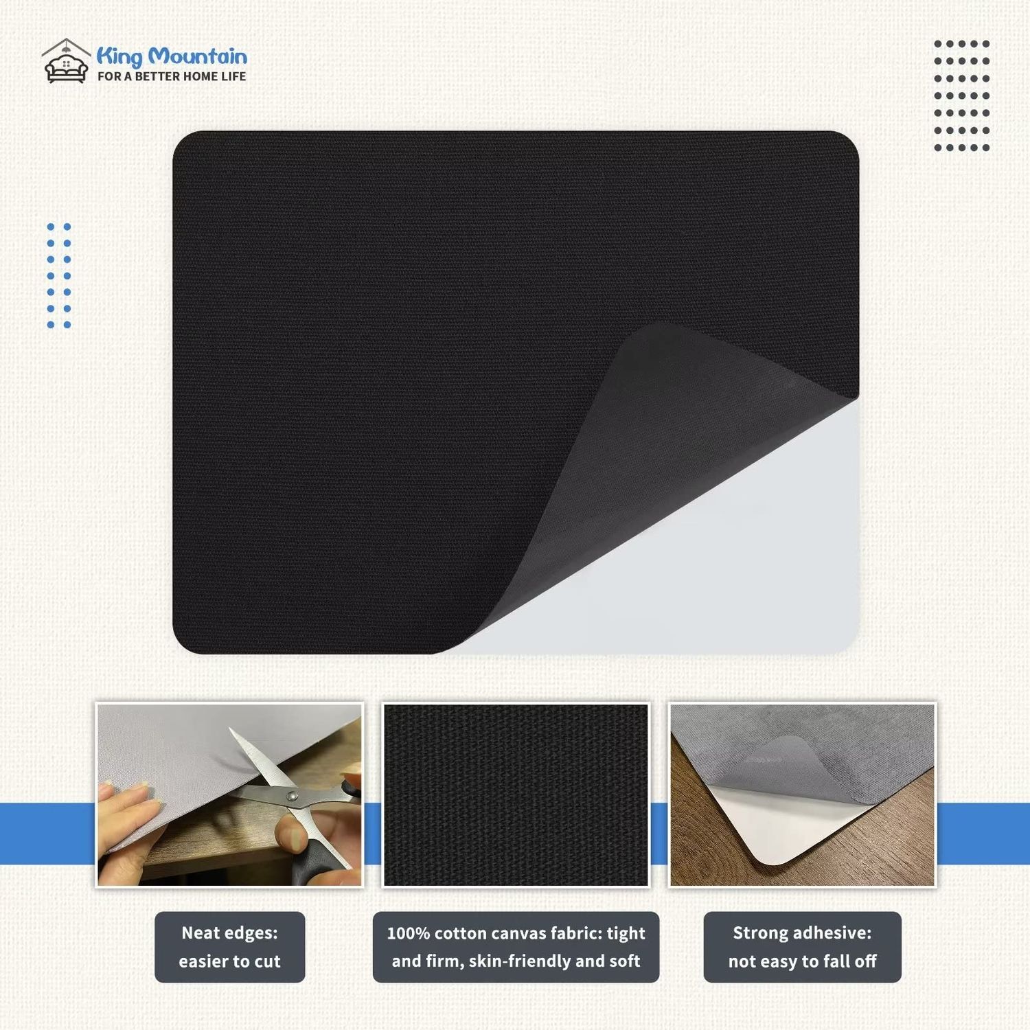 KING MOUNTAIN Canvas Repair Patch 9 x11 Inch 2 Pcs Self-Adhesive Waterproof Fabric Patch for Sofas, Tents, Furniture,Tote Bags, Car Seats (Black)