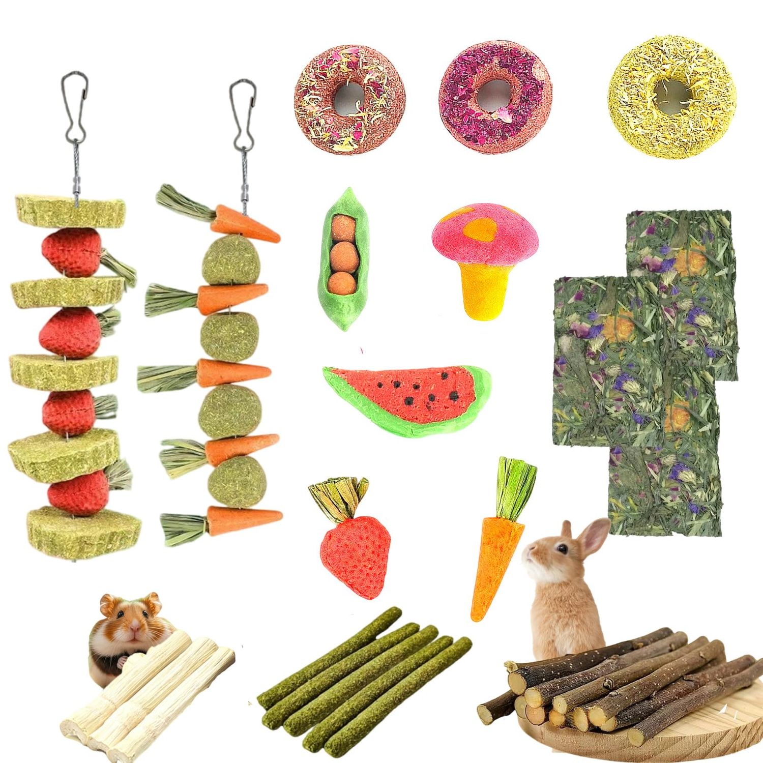 Bskllrgo 31 Pcs Small Pet Chew Toys for Dental Health - Natural Apple Wood, Timothy Grass Sticks & Sweet Bamboo, Teeth Grinding Toys for Rabbits, Guinea Pigs, Hamsters, Chinchillas Cage Accessories