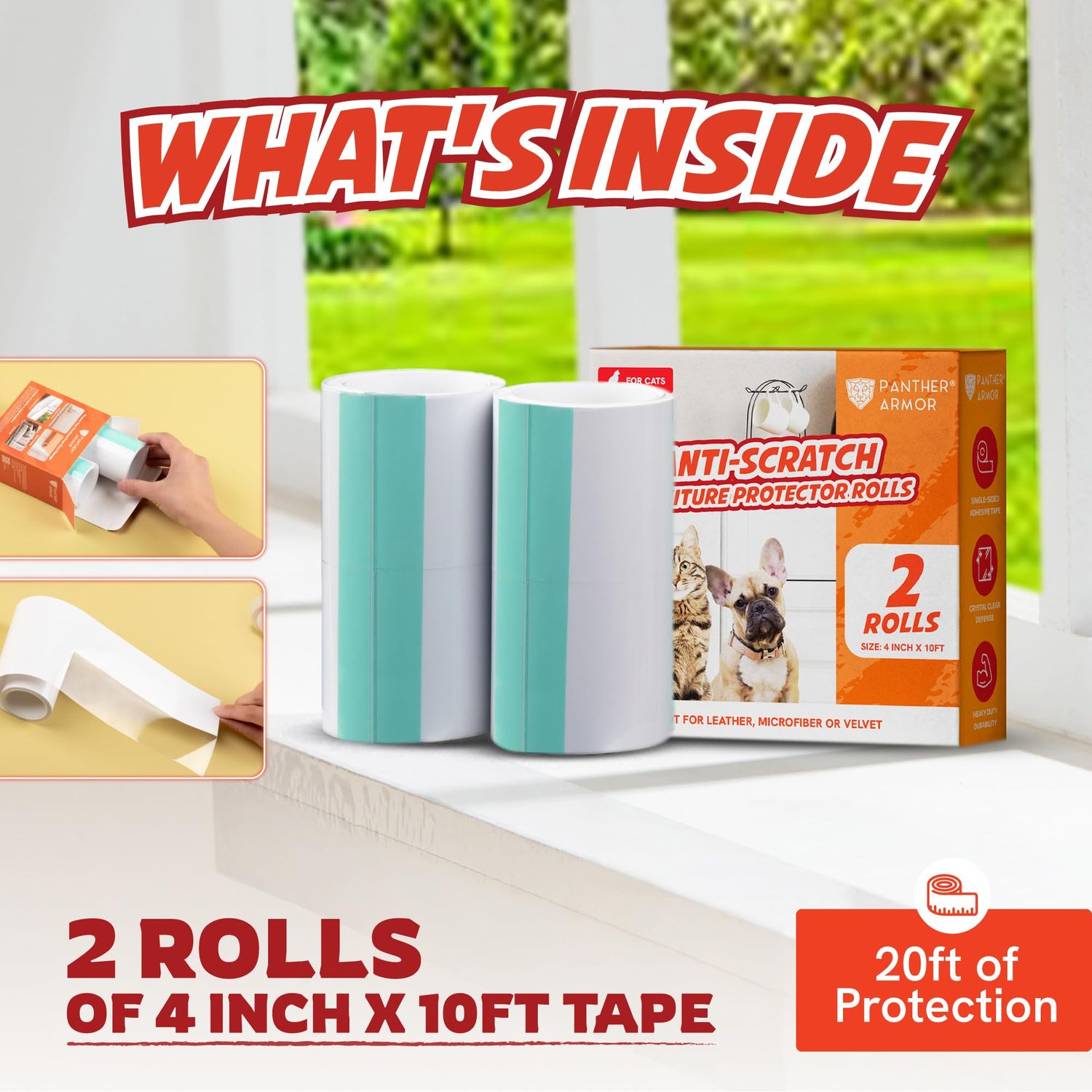 Panther Armor Anti Scratch Furniture Protector, 2X Rolls, Window Sill Protector, Furniture Scratch Guards for Cats, Furniture Protectors from Cats Scratching, 4in x 20ft