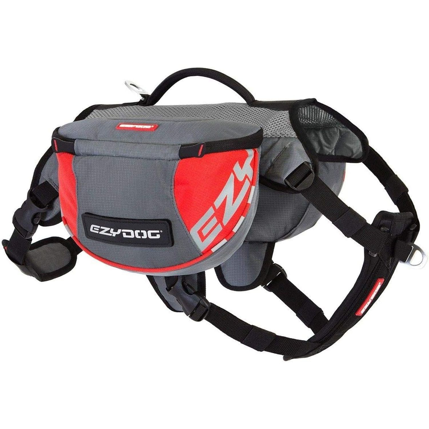 EzyDog Summit Outdoor Dog Backpack - Reflective and Incorporates a Chest Plate Harness - Easy Access Saddlebags with Superior Storage Capacity and Comfort - Front Pull Ring (Red/Gray, Small)