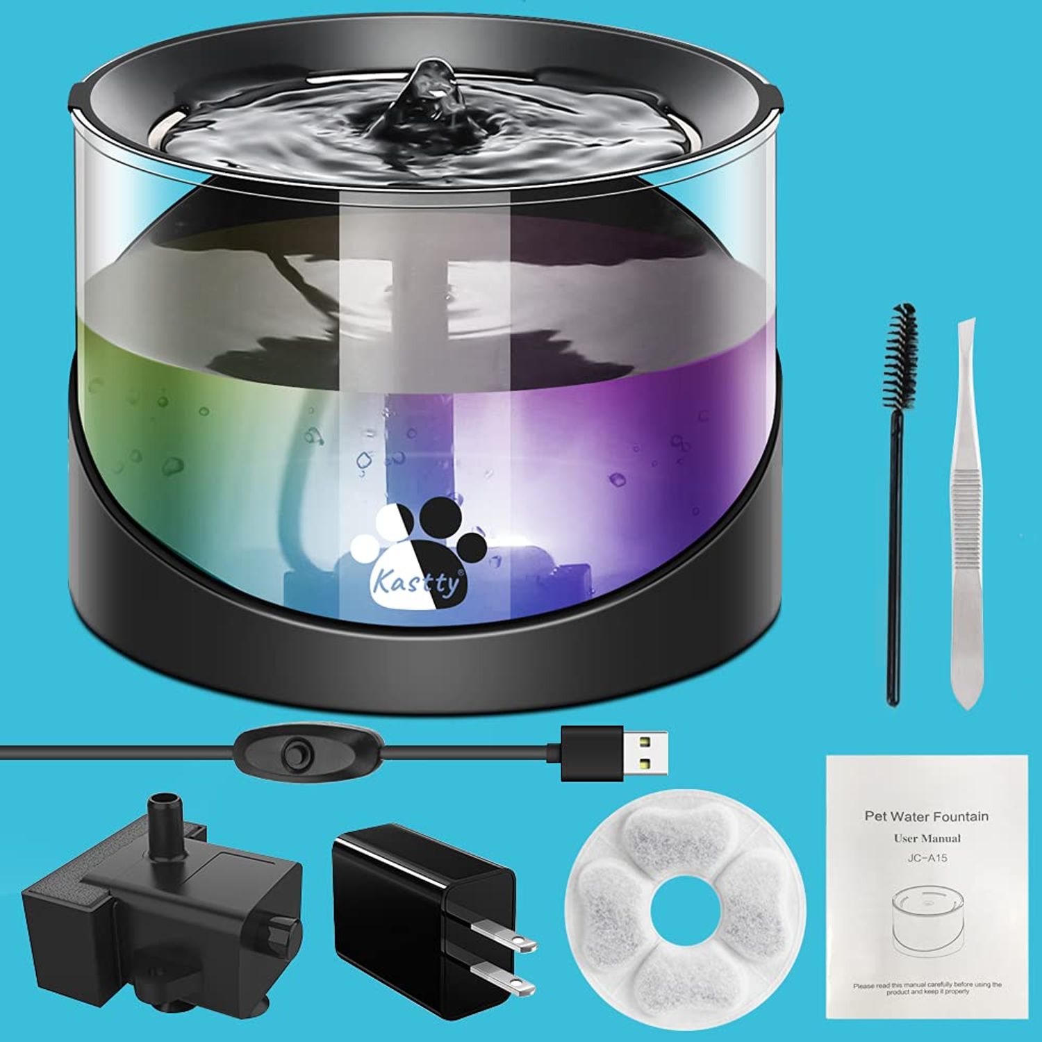 Kastty Super Quiet Water Fountain for Cats Inside, Pet Water Fountain for Kitty, Cat Waterer, Dog Bowl Dispenser 2.2L/74oz,with Super Long Life Span Pump, Black+Colorful LED Light
