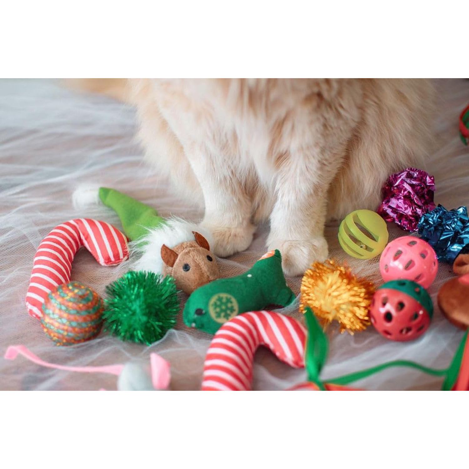 Midlee Christmas Stocking Cat Toy Gift Set (14 Toys)- Candy Canes, Bells, Mice Kitten Holiday Toys