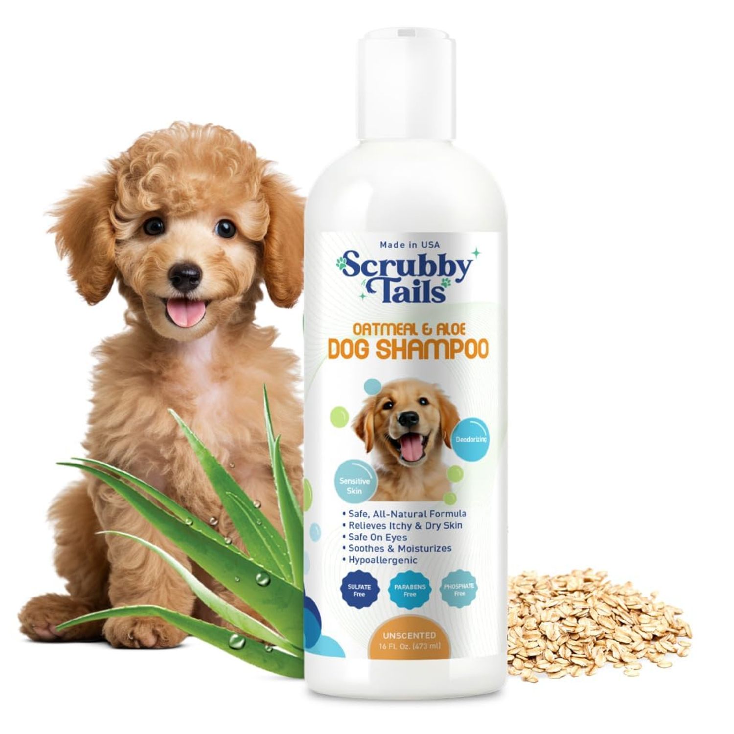 Scrubby Tails Organic Dog Shampoo - Puppy Oatmeal Shampoo for Itchy Skin Relief - Hypoallergenic for Sensitive Skin,for Dogs of All Ages,Deodorizes Smelly Dogs,Tearless,Made in USA, 16oz (Unscented)