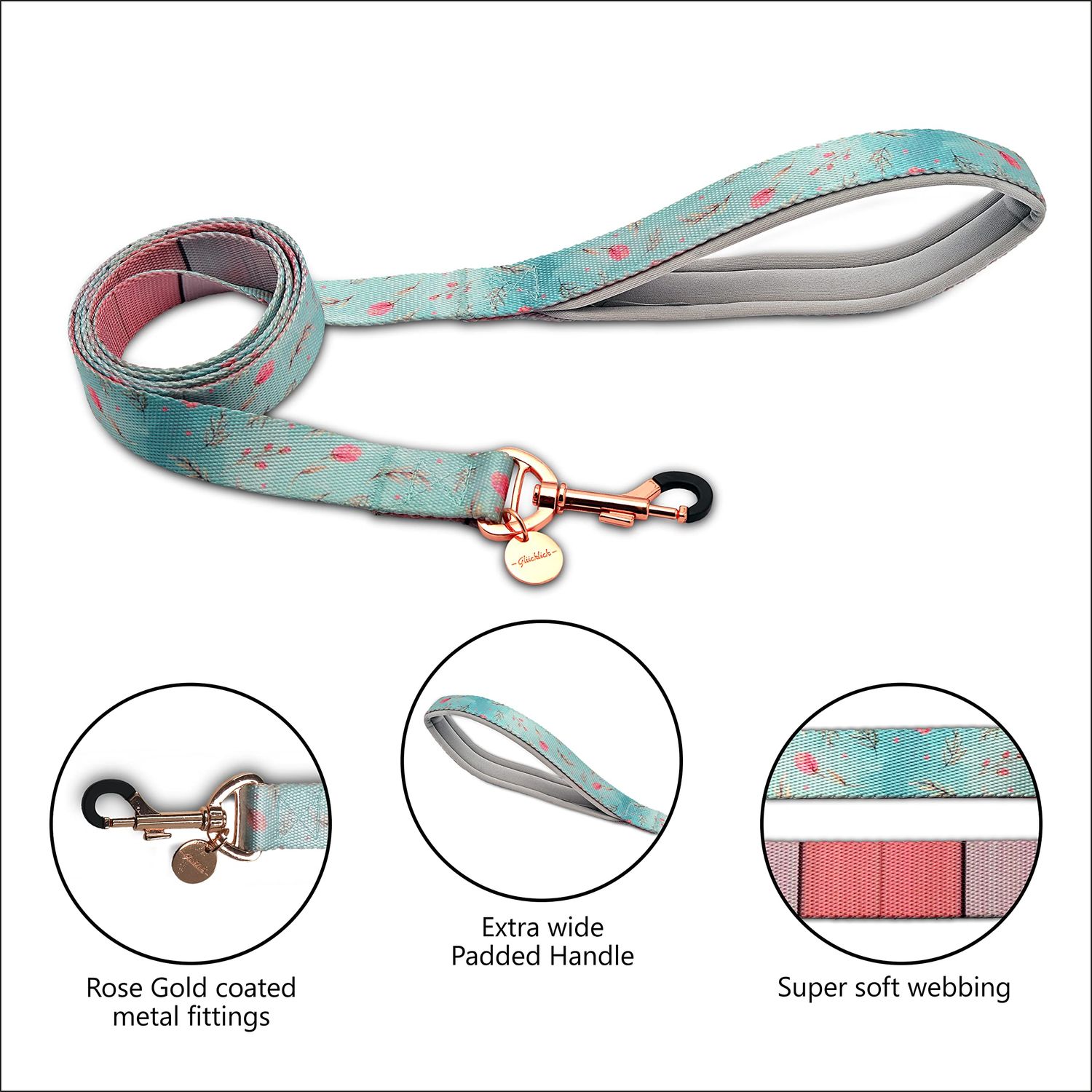 Glucklich Printed Pet Leashes for Walking & Training-with Gold Plated Metal Hook-- Puppy Leash for Small & Medium Dogs with Extra Wide Soft Neoprene Padded Handle… (S, Floral Mist)