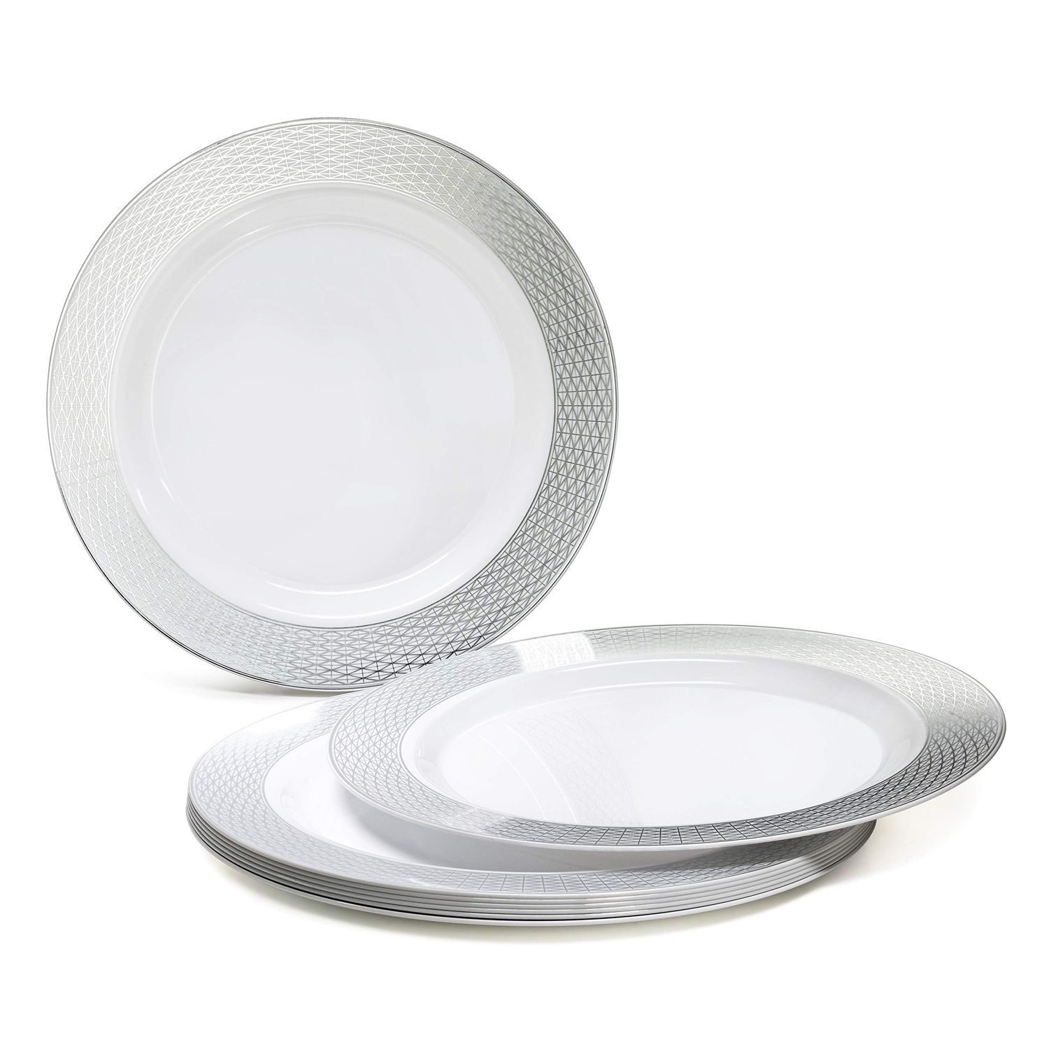 " OCCASIONS " 300 Pcs Set & 60 GuestWedding Disposable Plastic Plate & Silverware Combo Set (Diamond White & Silver plates, Silver Silverware)