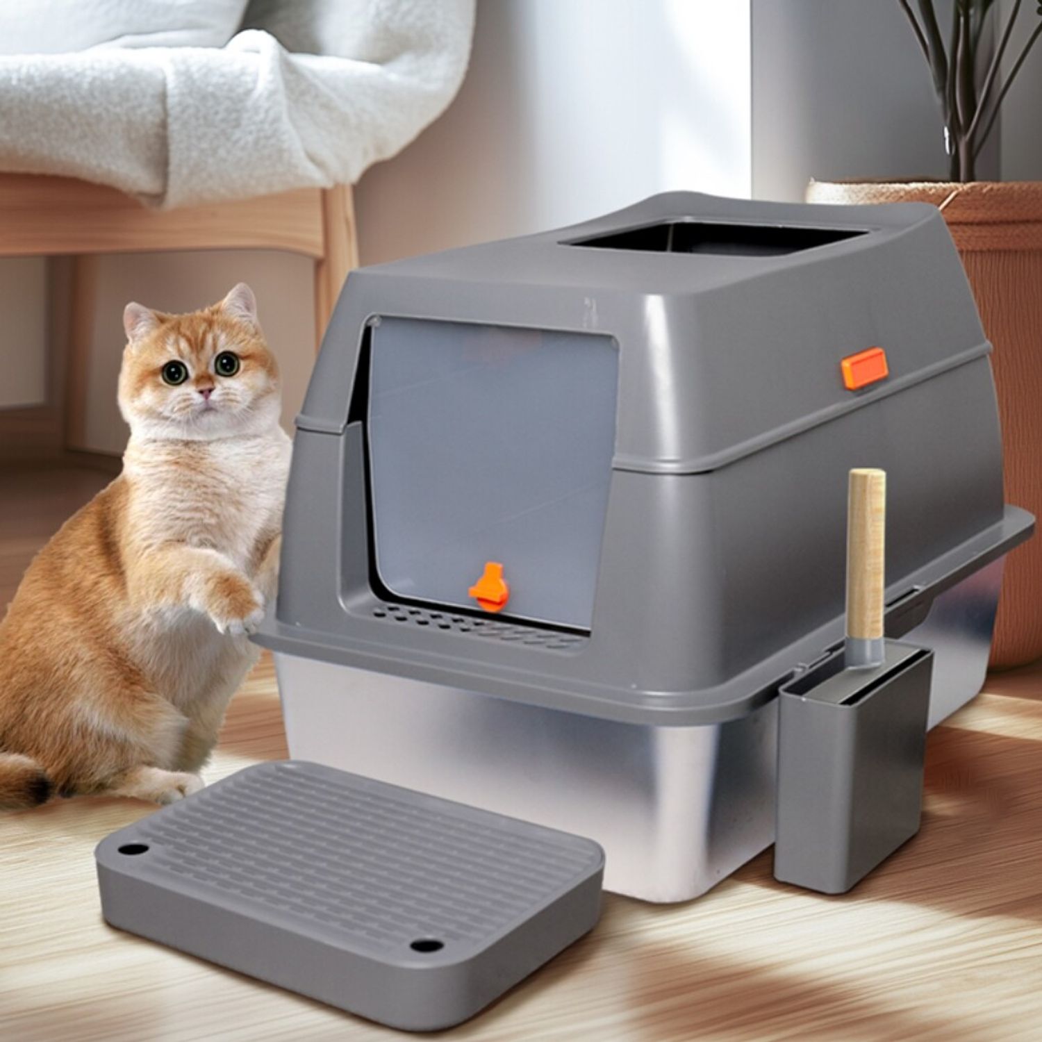 Large Enclosed Cat Litter Pan Easy Cleaning Stainless Steel Cat Toilet Box w Lid