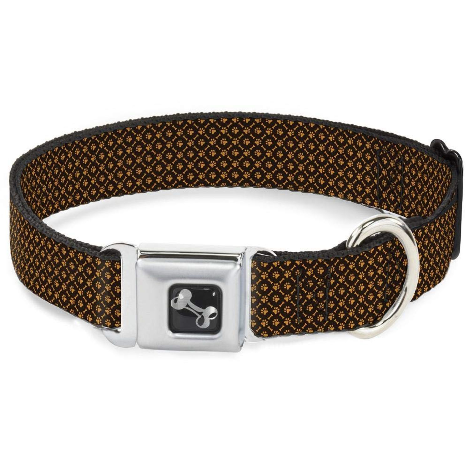 Dog Collar Seatbelt Buckle Bone Paw Monogram Brown Orange 15 to 26 Inches 1.0 Inch Wide