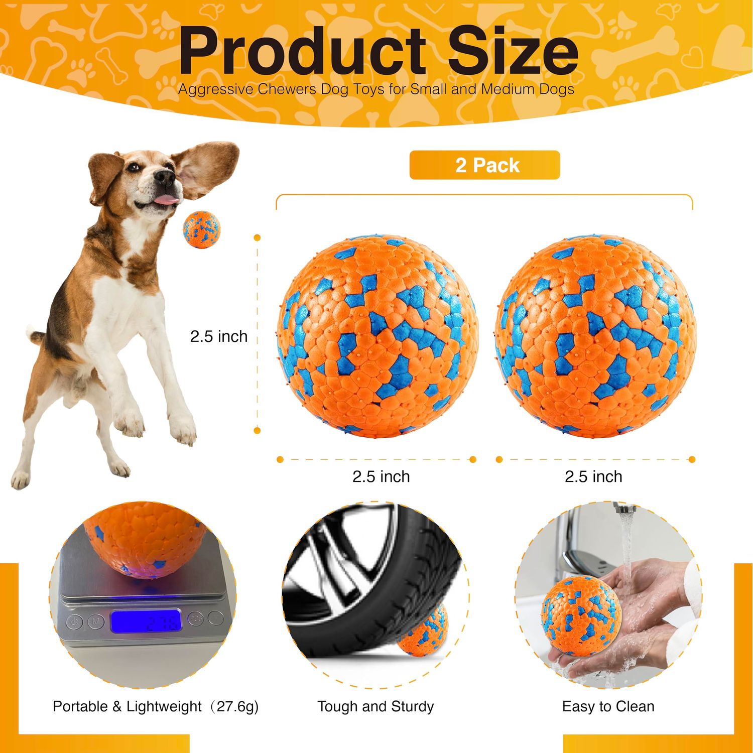 QIANHED Indestructible Dog Balls, Tennis Balls for Dogs to Fetch，Durable Dog Chew Toy, Bouncy Balls for Dogs Small Medium Breed，Training Catch & Fetch, 2.5 inch Water Floats Dog Toys，(2 Pack)