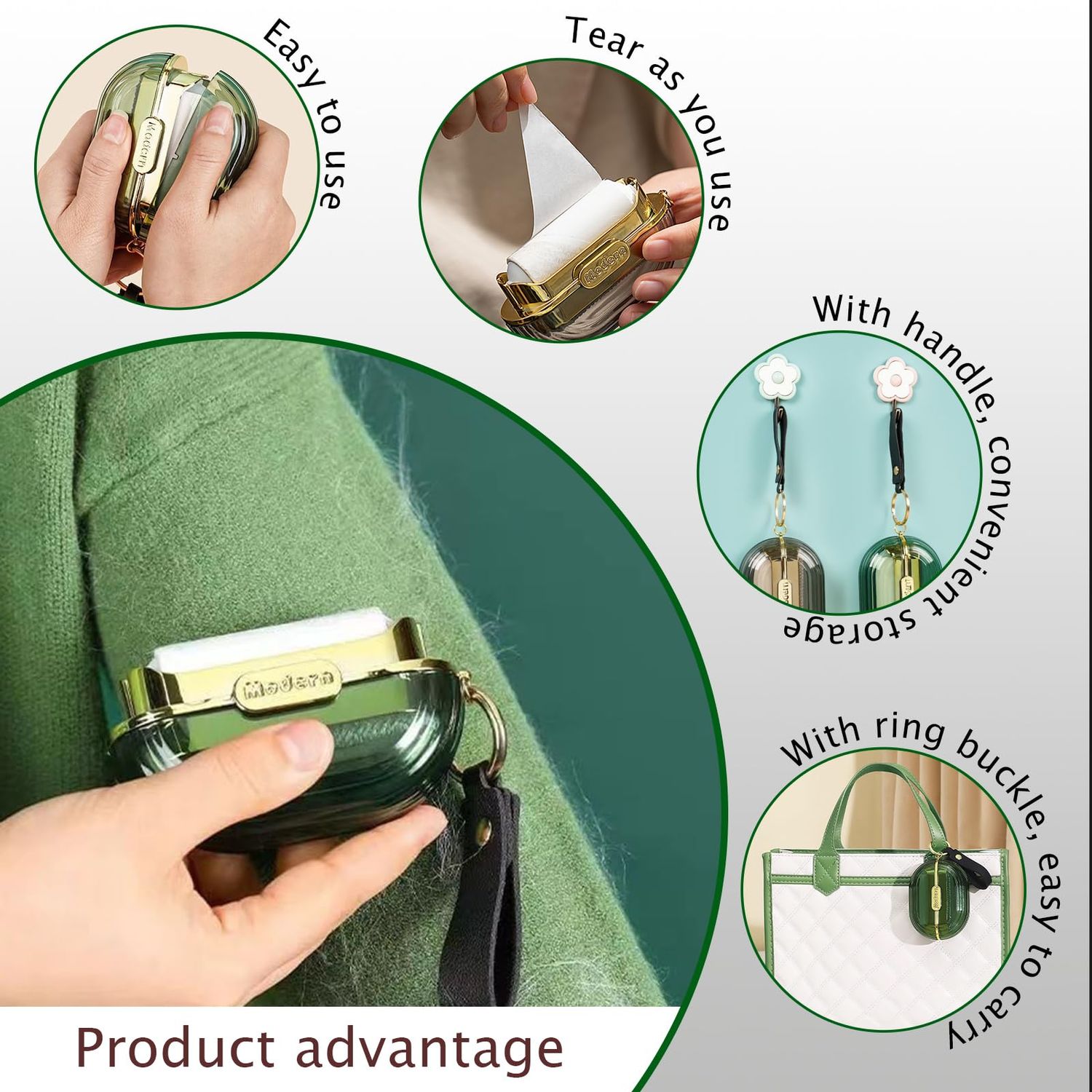 Portable Lint Rollers with 5 Extra Sticky Refills & Hand Strap, Travel Lint Roller Mini, Double-Sided Pet Dog Cat Hair Remover, Small Pocket Reusable Lint Brush Tool for Clothes Purse (Green)