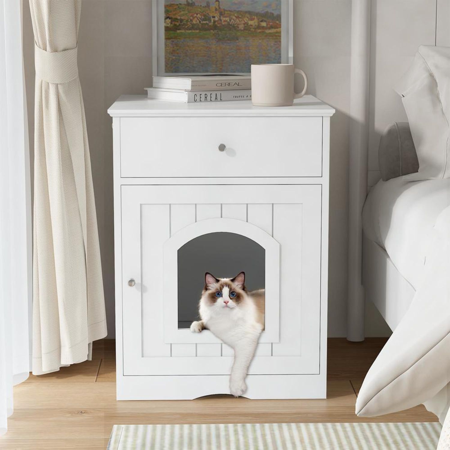 High Quality  Wooden Pet House Cat Litter Box Enclosure w/ Drawer, Side Table