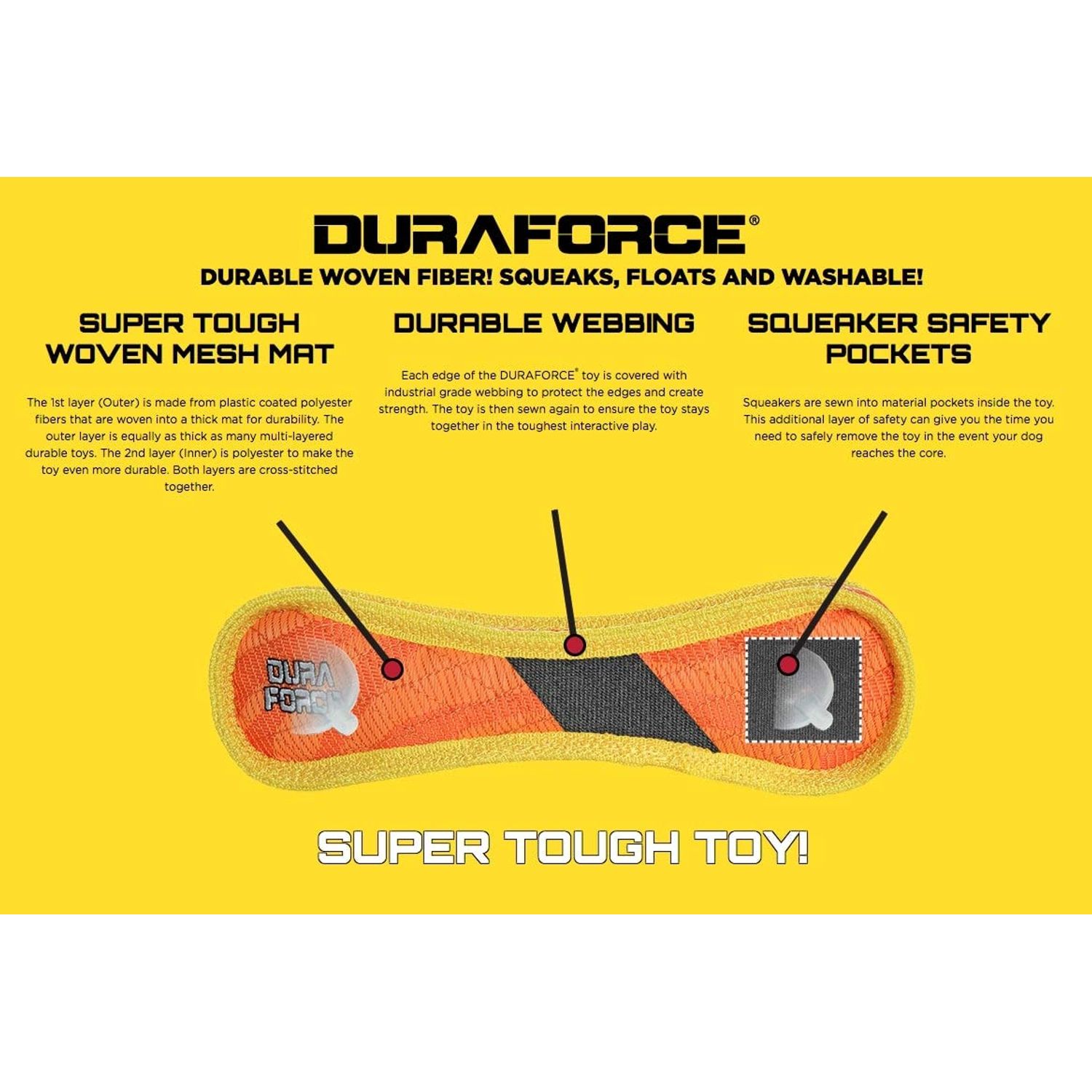 DURA FORCE - Durable Woven Fiber - 3 Way Tug O War - Squeakers - Multiple Layers. Made Durable, Strong & Tough. Interactive Play Dog Toy (Tug, Toss & Fetch). Machine Washable & Floats (Regular)