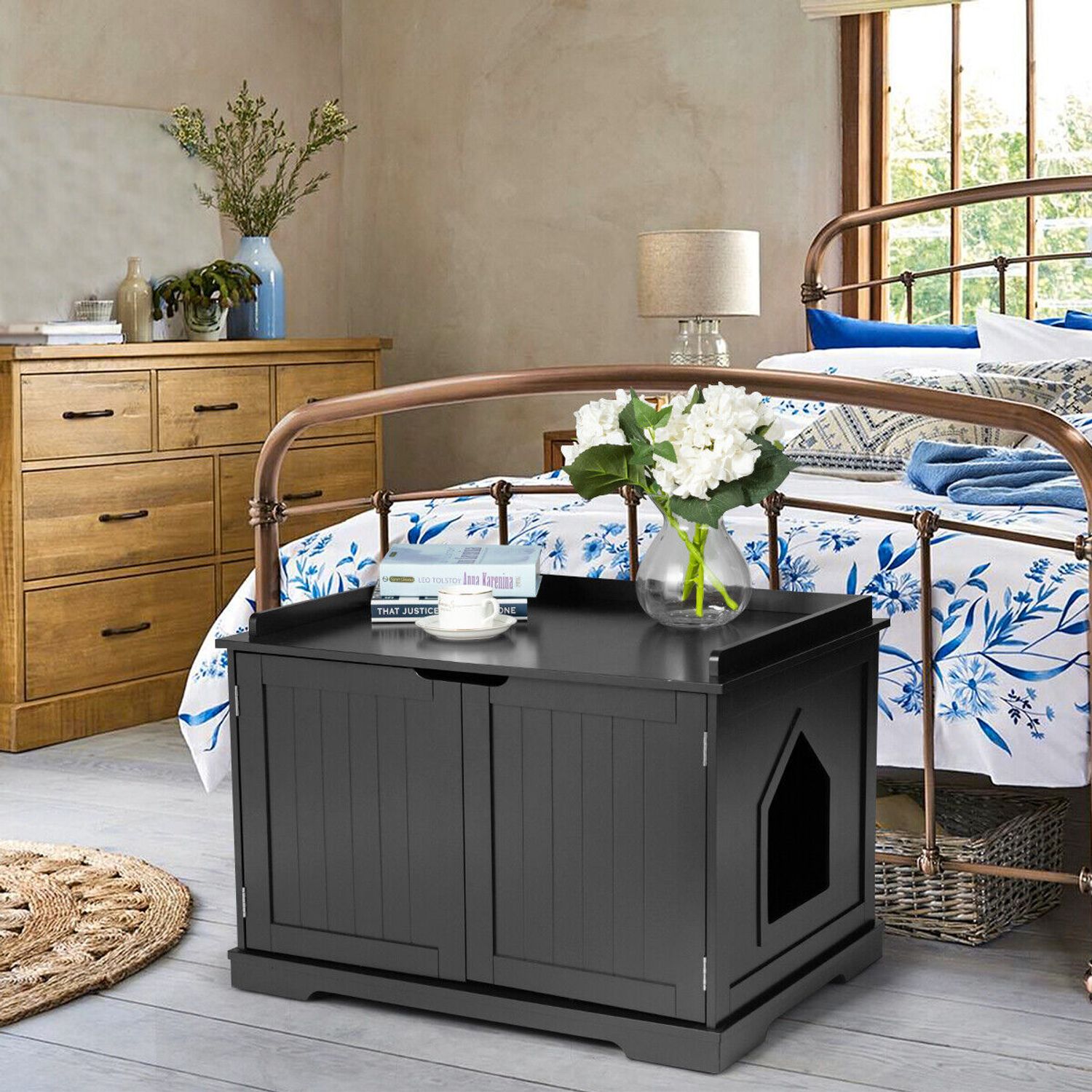 Costway Cat Litter Box Wooden Enclosure Pet House Washroom Storage Bench Black