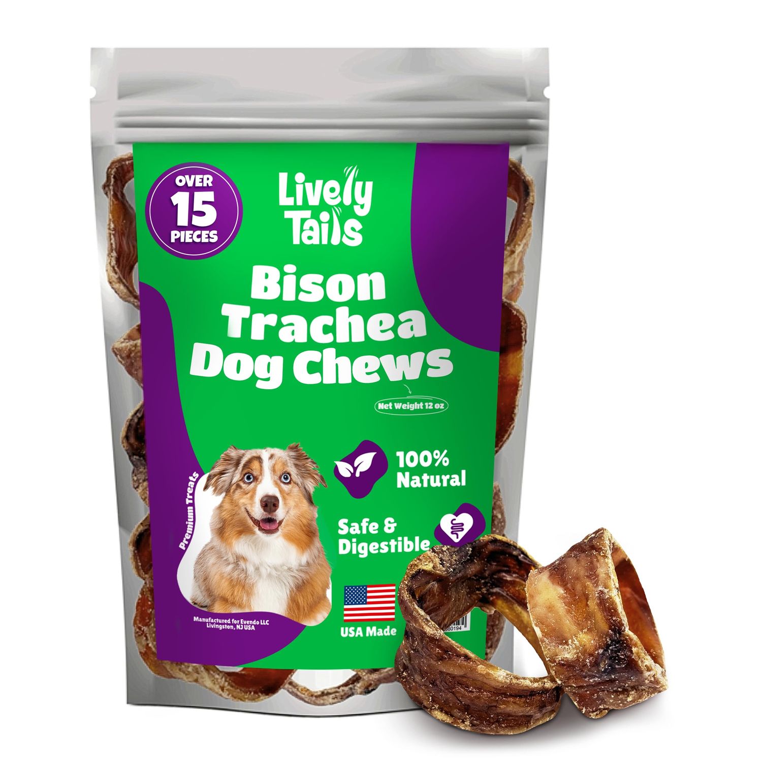Lively Tails Trachea Dog Chews 15-Pack, 100% Bison Dog Treats, Natural Glucosamine & Chondroitin for Hip and Joint Support, Grain-Free, Rawhide-Free, Low-Fat Trachea for Dogs, 12 oz Bag