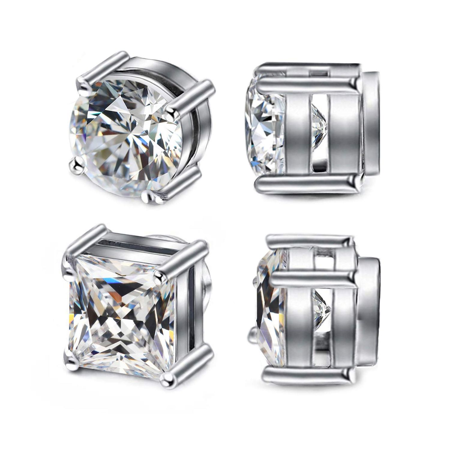ADAIER 2 Pairs Stainless Steel Magnetic Stud Earrings for Men Women Non-piercing CZ Hypoallergenic 8MM (SE-21) (2 pairs 6mm silver)