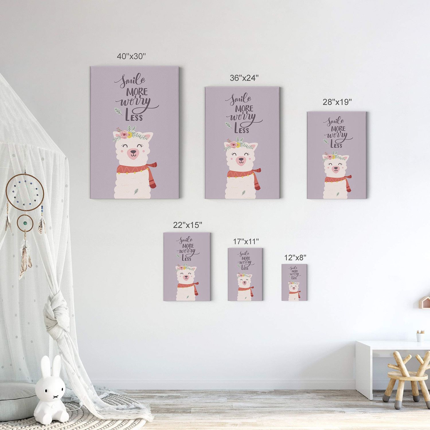 Smile Art Design Smile More Worry Less Cute Alpaca Purple Background Canvas Print Kids Room Decor Wall Art Baby Room Decor Kids Room Decor Nursery Decor Ready to Hang Made in The USA 36x24