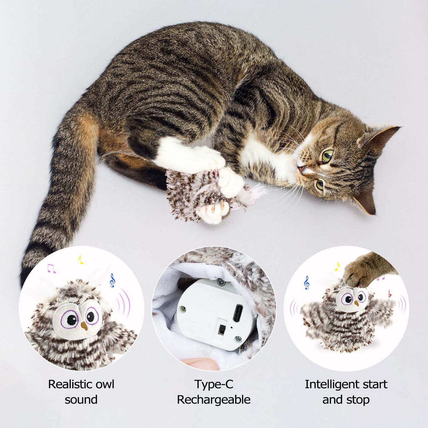 Interactive Flapping Wings Owl Cat Toys,Bird Sound Catnip Toys for Cats,Rechargeable 3 Vibration Modes Indoor cat Toy,for Prevent Boredom