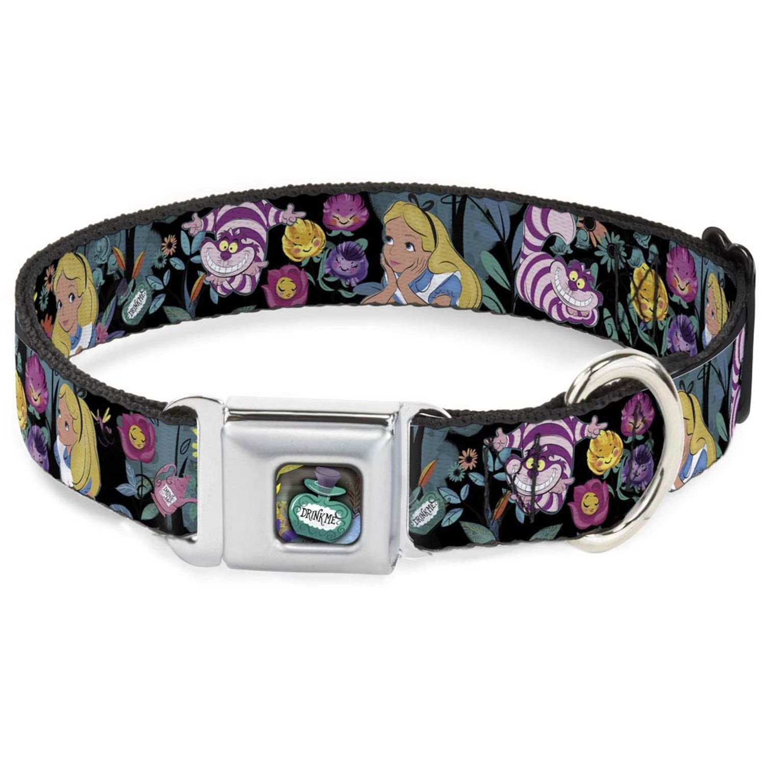 Buckle-Down Dog Collar Seatbelt Buckle Alice Cheshire Cat Flowers Poses Black Multi Color, Multicolor, 1.5" Wide - Fits 18-32" Neck - Large (DC-WDY279-WL)