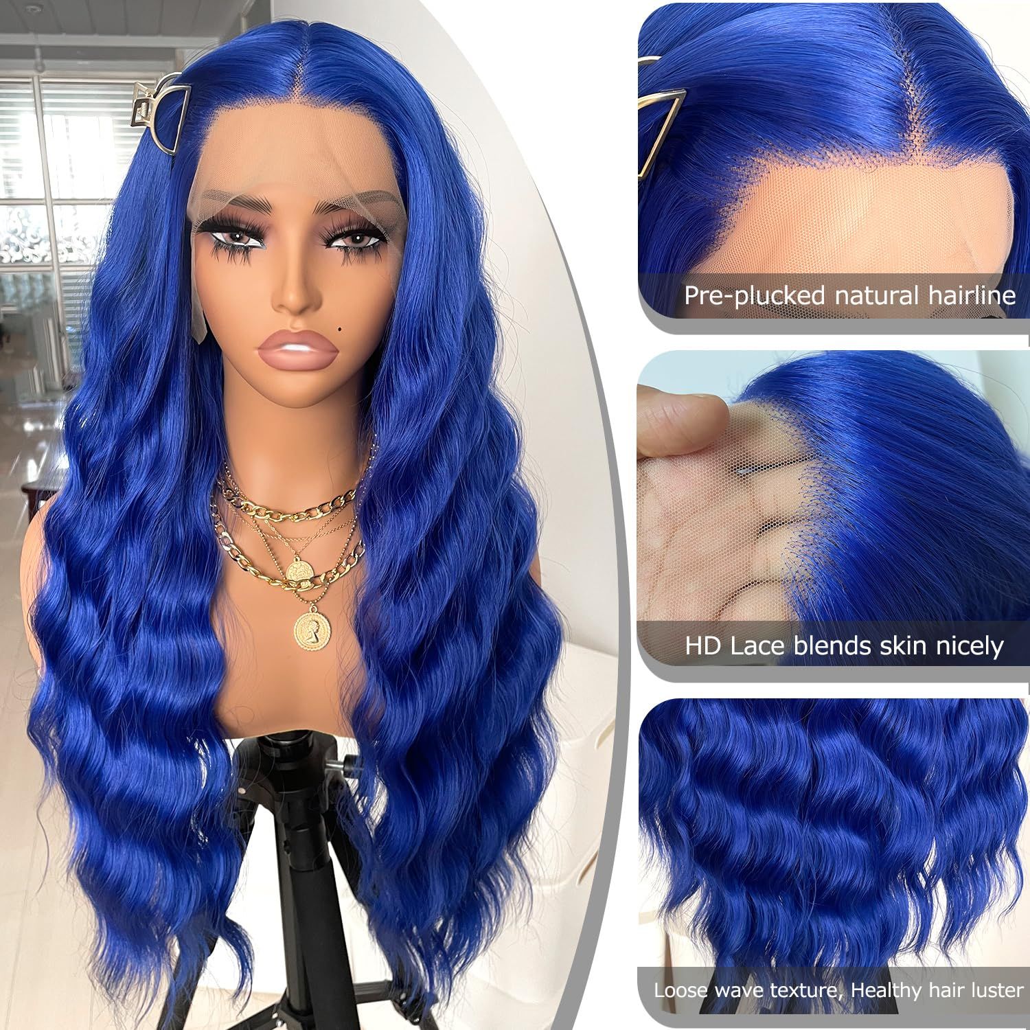 WKIPYCPK Blue Lace Front Wig Loose Curly Wave Hair Navy Blue Wigs for Black Women Glueless 24 Inch Synthetic Lace Front Wigs Pre Plucked Hairline