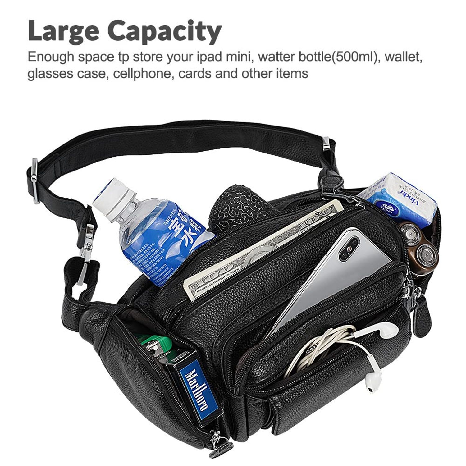 TIDING Men's Genuine Leather Fanny Pack Large Capacity Work Office Travel Waist Bag, Black