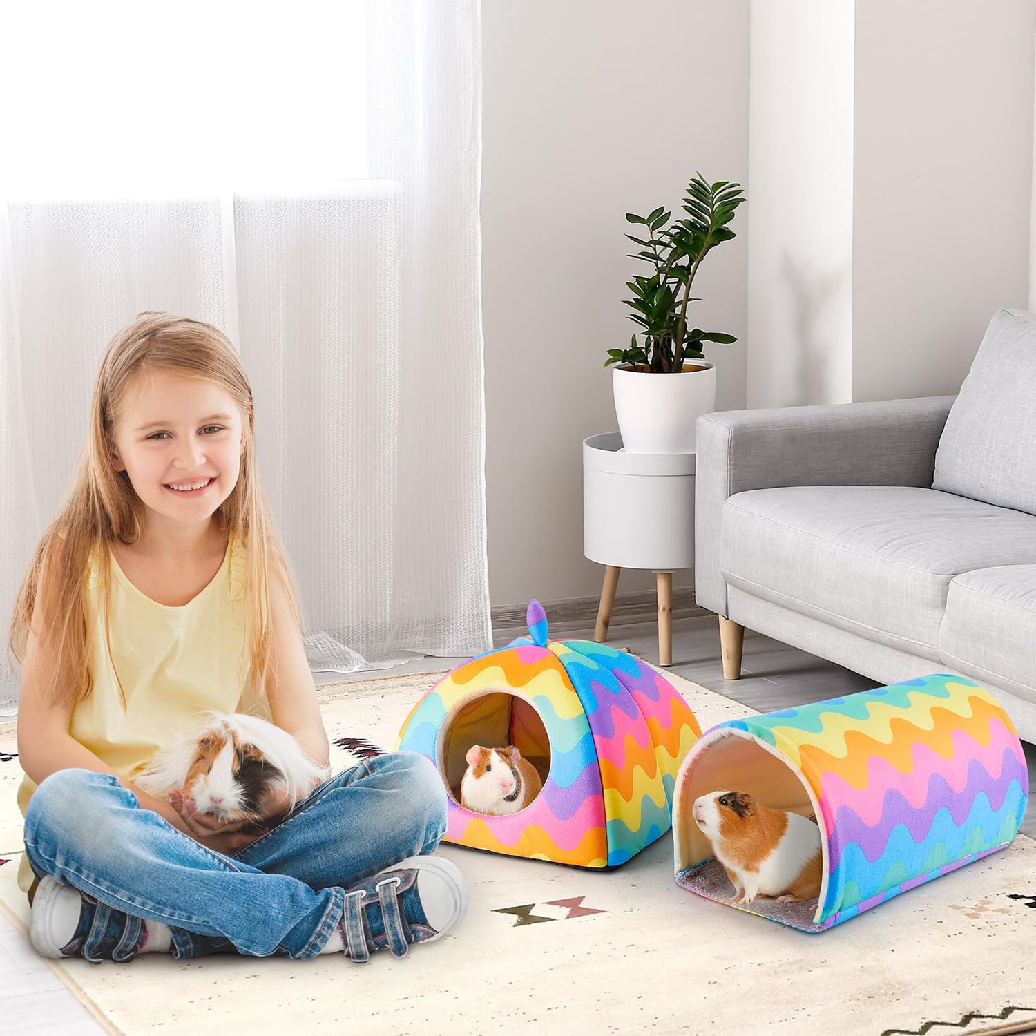 Guinea Pig Hideout, Glittme Soft Guinea Pig Bed and Tunnel, 2 Pack Washable Guinea Pig Tunnel with House Guinea Pig Accessories for Hamster, Rabbit, Bunny, Small Animal