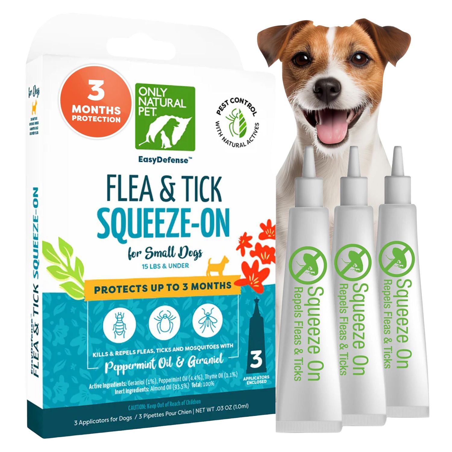 Only Natural Pet EasyDefense Flea & Tick Prevention for Small Breed Dogs (up to 15 lbs) - Natural Herbal Control, Squeeze-On Drops - Protects up to 3 Months (Single Applicator per Month Supply)
