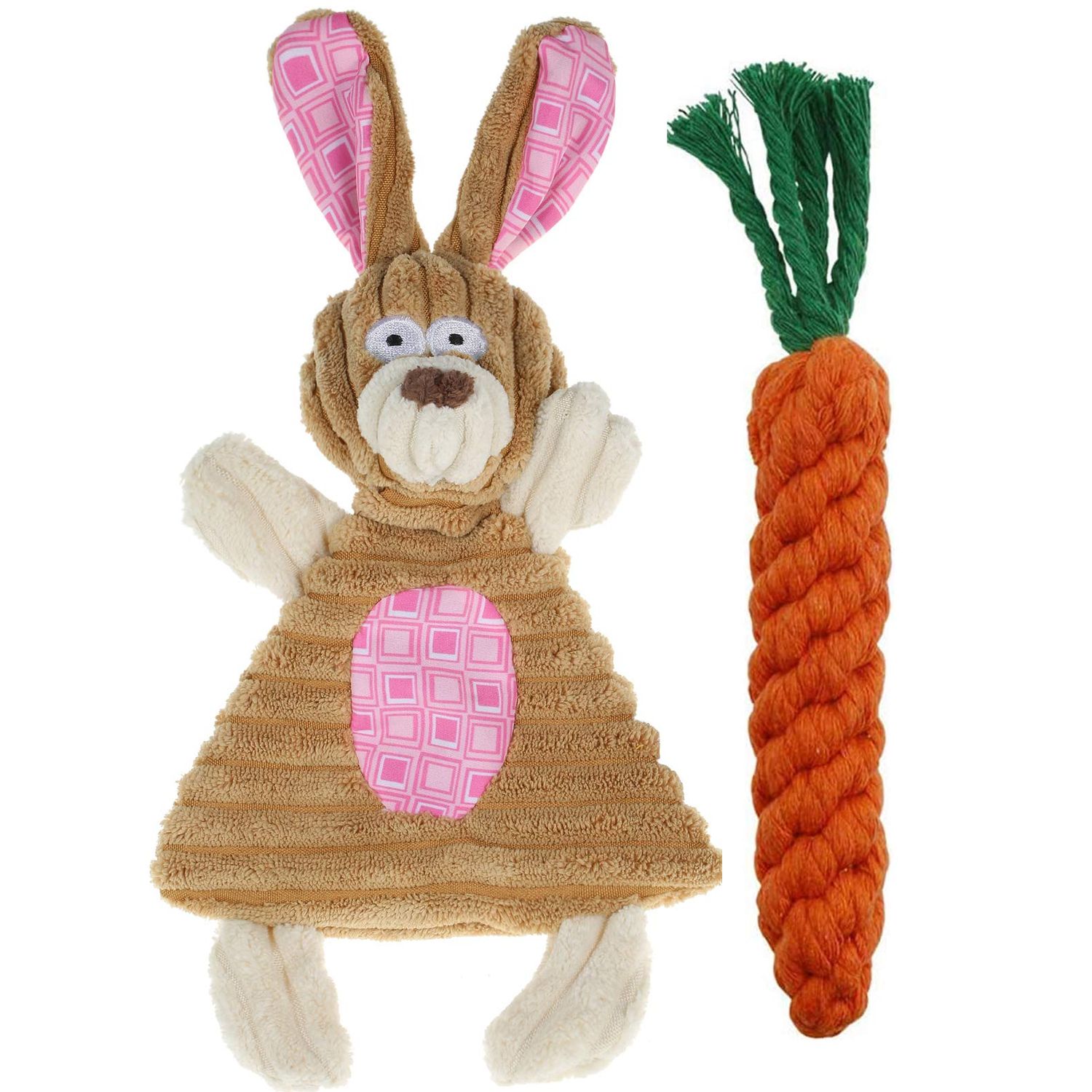 BoomBone Easter Dog Toys for Small Dogs 2 Pack, Carrot Dog Rope Toy and Bunny Crinkle Puppy Toy