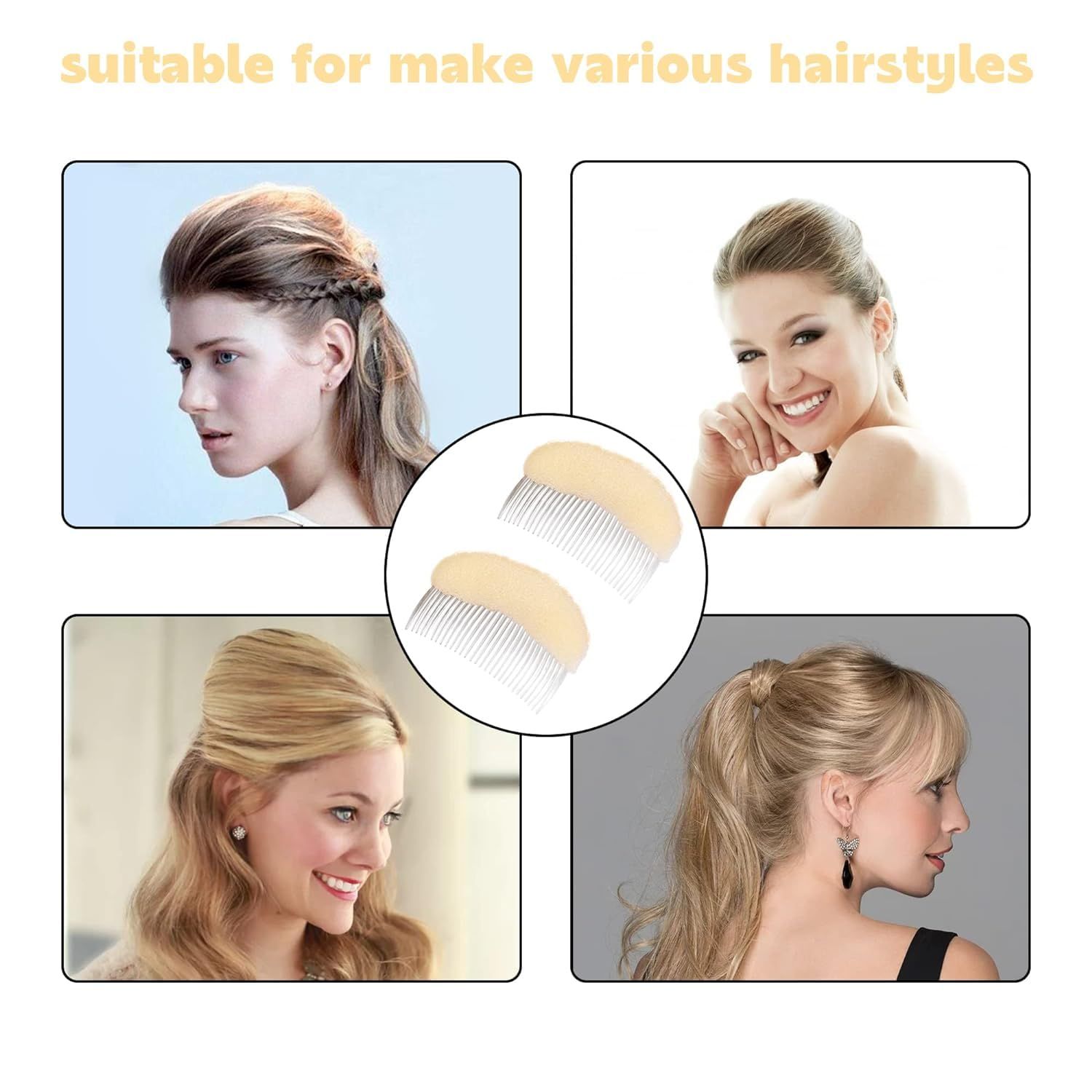 2Pcs Beige Charming Bump It Up Volume Inserts Hair Comb, Do Beehive Hair Style Tool Hair Comb, Do Beehive Hair Base Styling Accessories for Women Lady Girl