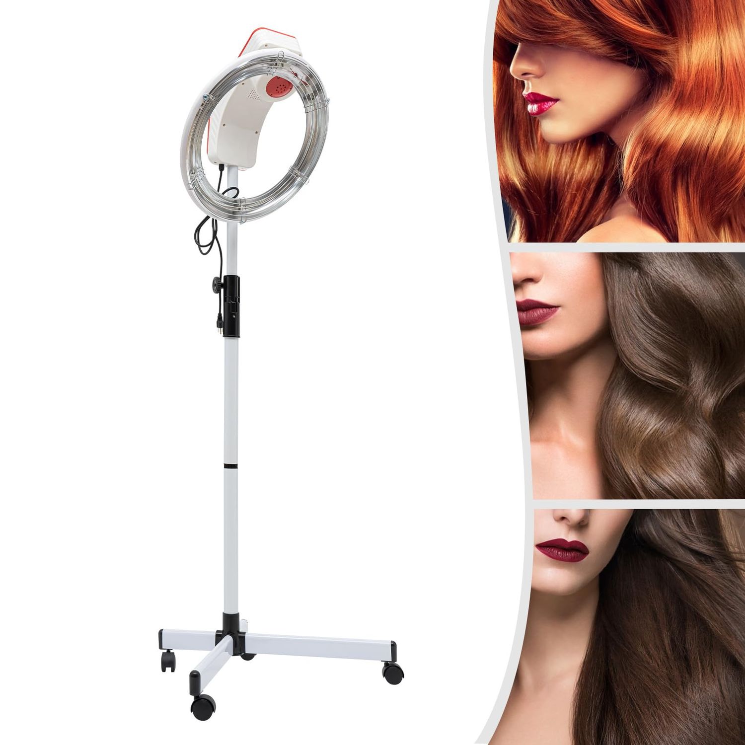 Professional Adjustable Hooded Stand-Up Hair Bonnet Dryer with Swivel Caster Rolling Base for Beauty Salon or Home Use 360 Degree Rotation Compatible White