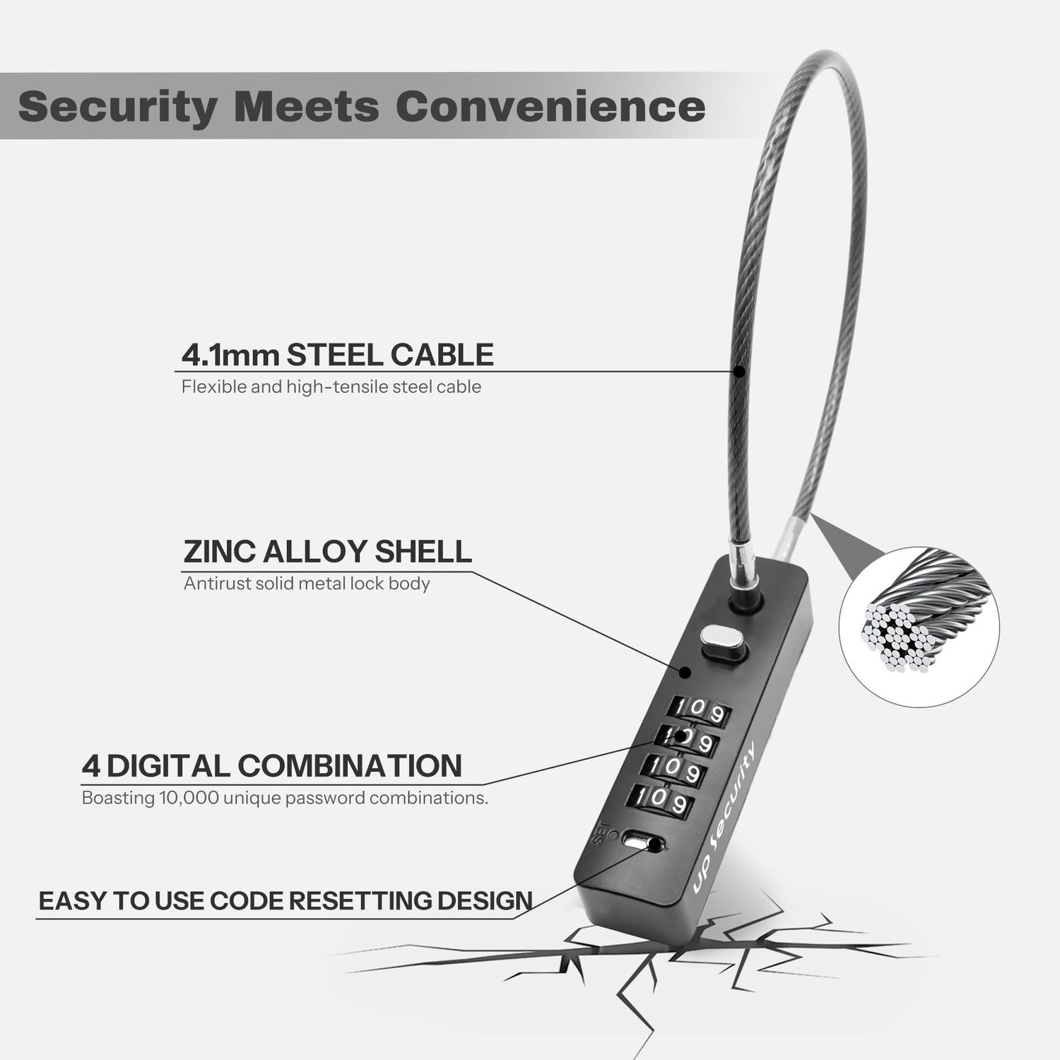 UP Security Combination Lock Keyless Cable Padlock with Steel Wire Rope, Resettable Combo Code Anti-Theft for Locker, Cabinet, Fence, Gate, Pet Door, Bike Helmet Safe (Grey, 11.8"(30cm) Short Cable)