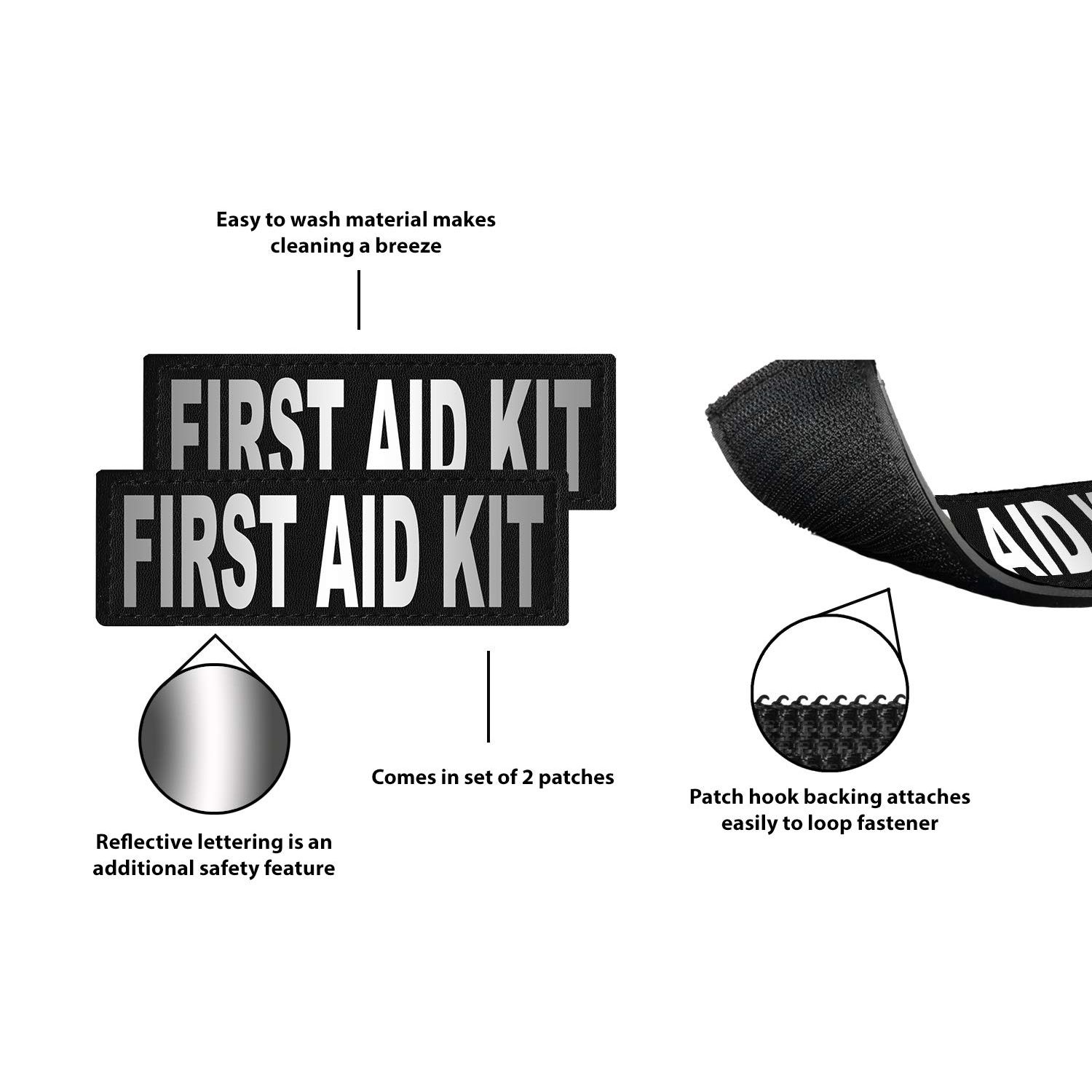 Dogline First Aid Kit Vest Patches – Removable First Aid Kit Patch 2-Pack with Reflective Printed Letters for Support Dog Vest Harness Collar or Leash Size C (2" x 6")