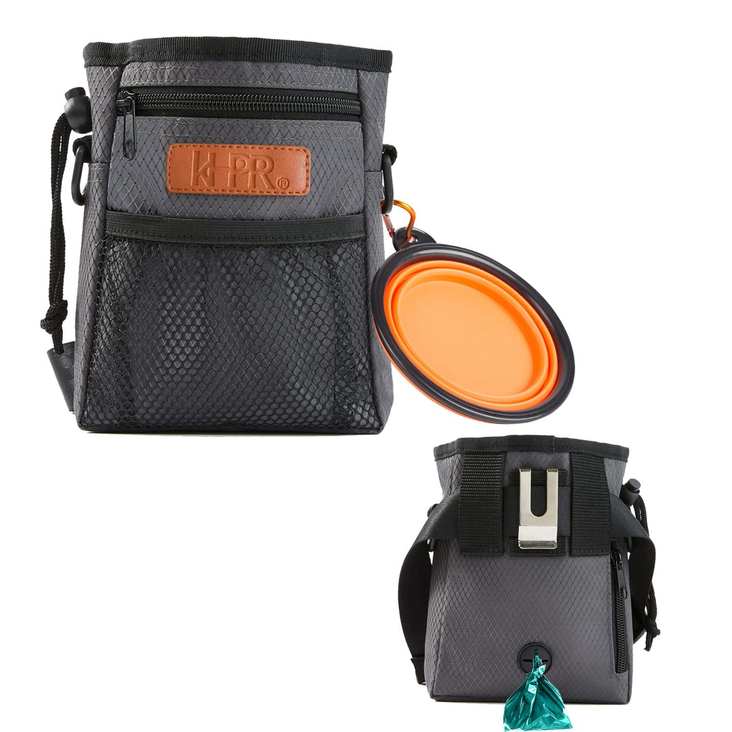 KHPR Dog Treat Training Pouch Easily Carries Pet Toys Kibble,Treats Built-in Poop Bag Dispenser 3 Ways to Wear Comes with a Foldable Silicone Bowl(Dark Grey)
