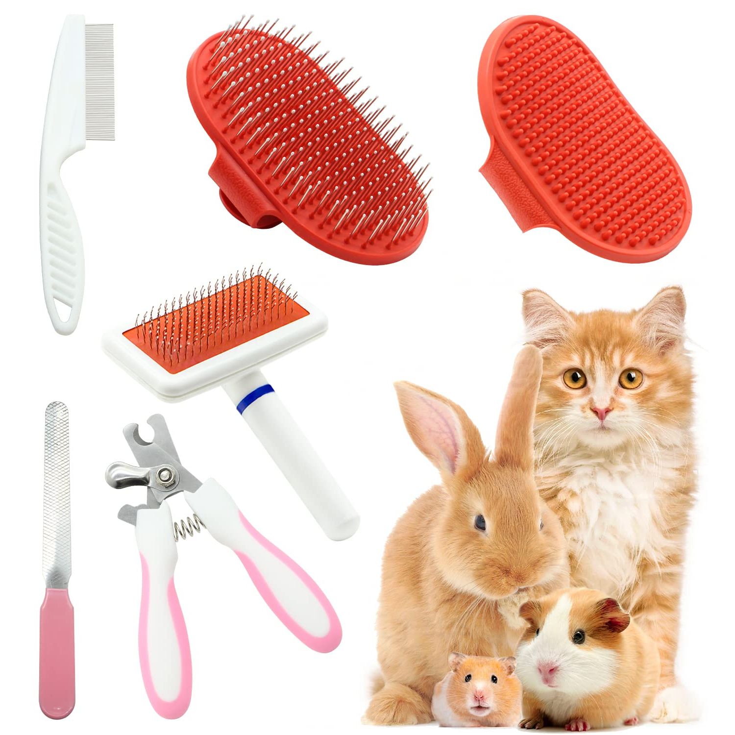 Cat Grooming Kit Set with Pet Shedding Slicker Brush Nail Clipper Trimmer Pet Massage Bath Glove Flea Comb for Bunny Puppy Kitten Guinea Pig Chinchilla Ferret Small Animals (Red, Pink)