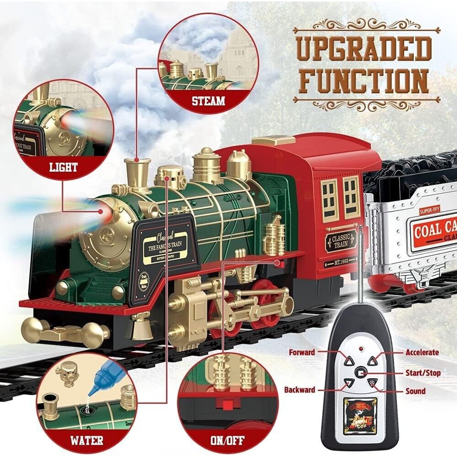 Christmas Electric Train Set with Remote Control, Sound, Light & Tracks, Kids 3+