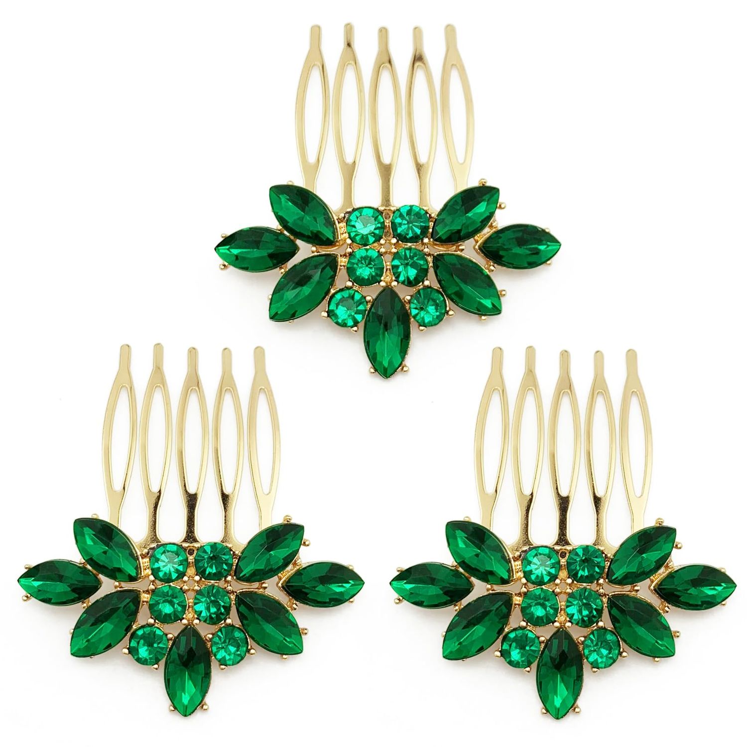 BETITETO Bridal Crystal Hair Piece with Comb 3 Pieces Small Rhinestone Wedding Gold Hair Pins Accessories for Women Girls (Green)