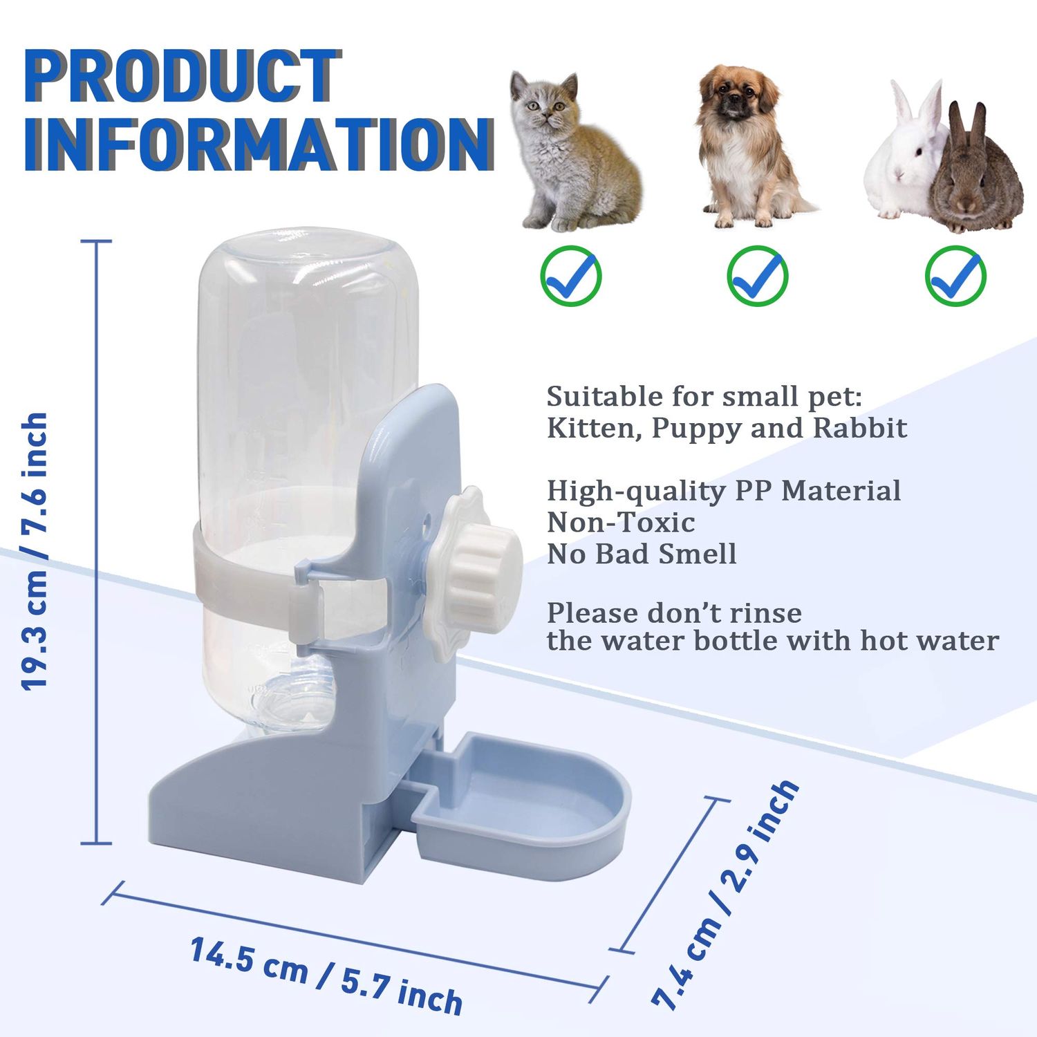 LLSPET Rabbit Water Bottle Suspension Water Dispenser for Mini Pet Bunny Guinea Pig Chinchilla, 500ml Automatic Water Bottle by Gravity Flow Supply, Prevent Overflow, BPA Free (Blue)