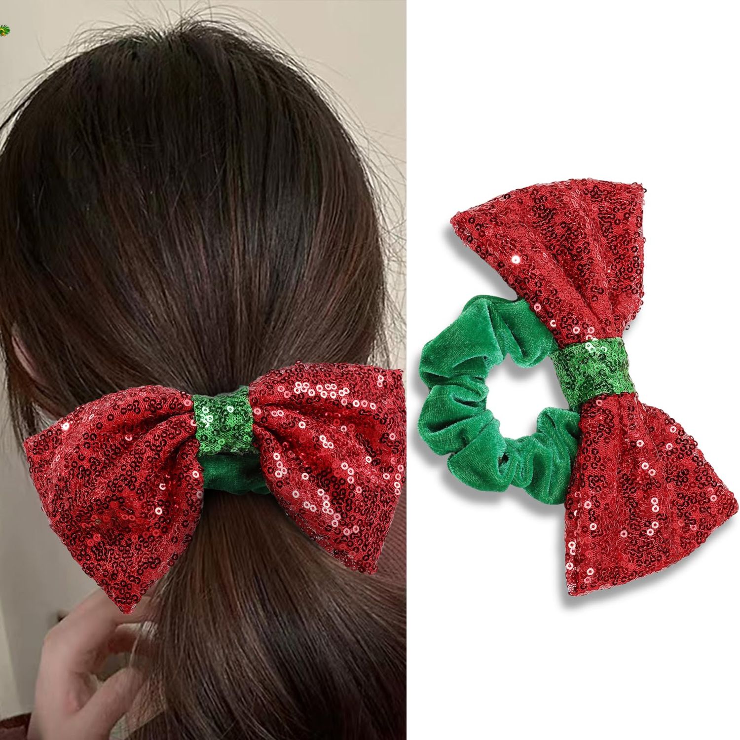 Christmas Bow Hair Scrunchies Sequins Bowknot Hair Ties Red Velvet Elastic Hair Band Ponytail Holder Xmas Hair Accessories for Women Girls
