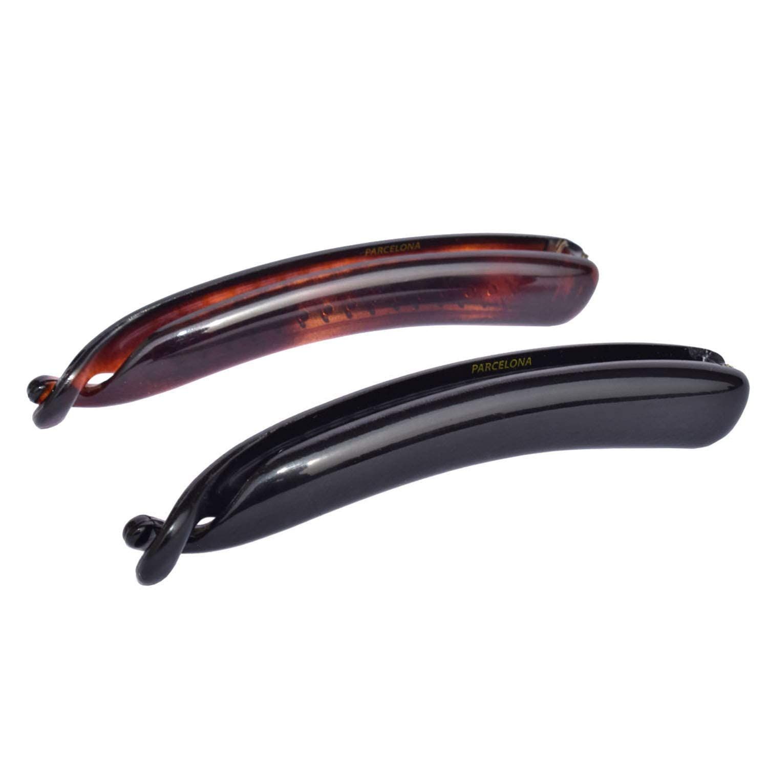 Parcelona French Small 3 ¾” Celluloid Set of 2 French Banana Hair Clip Flexible Ponytail Holder Fashion Durable Styling Paris Hair Accessories for Women, Made in France (Tortoise Shell-Black)