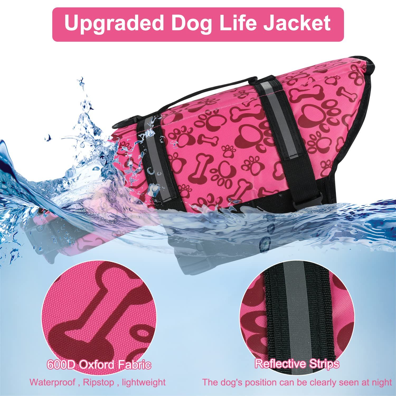 HAOCOO Dog Life Jacket Vest Saver Safety Swimsuit Preserver with Reflective Stripes/Adjustable Belt Dogs?Pink Bone,M